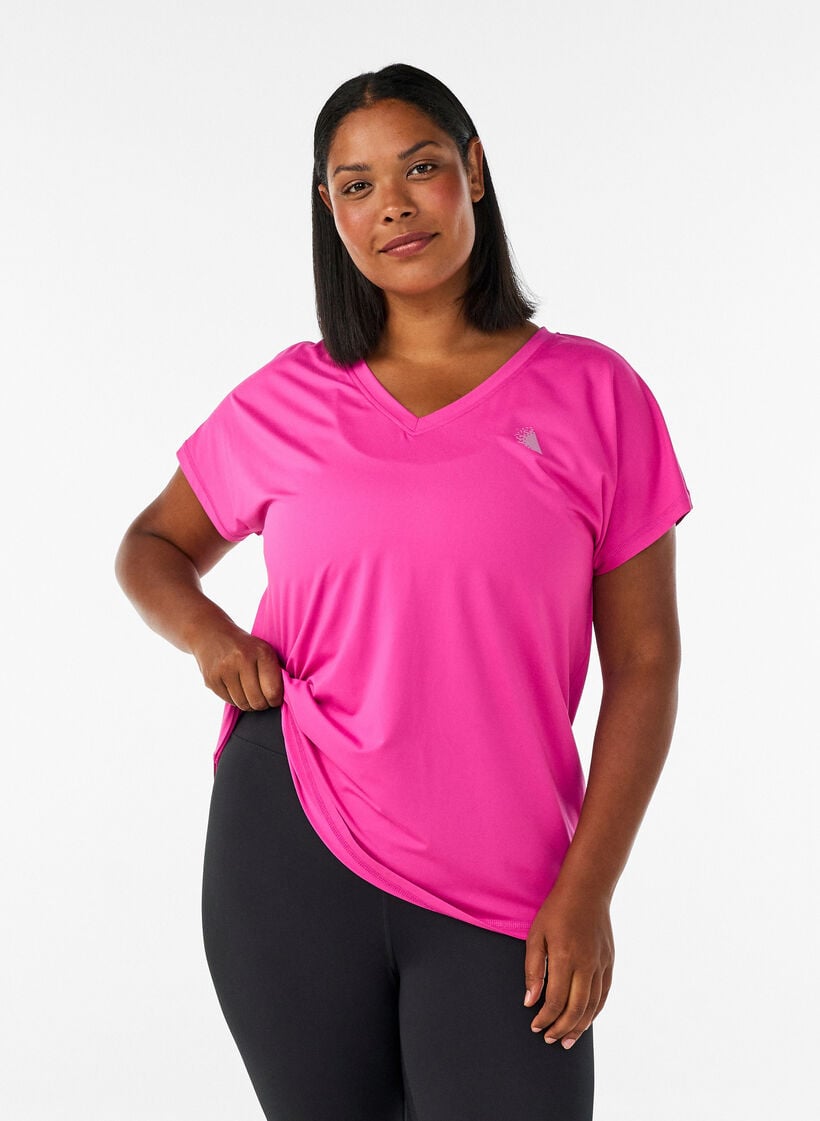 Losvallend trainings-T-shirt met V-hals, Roze, Model image number 0