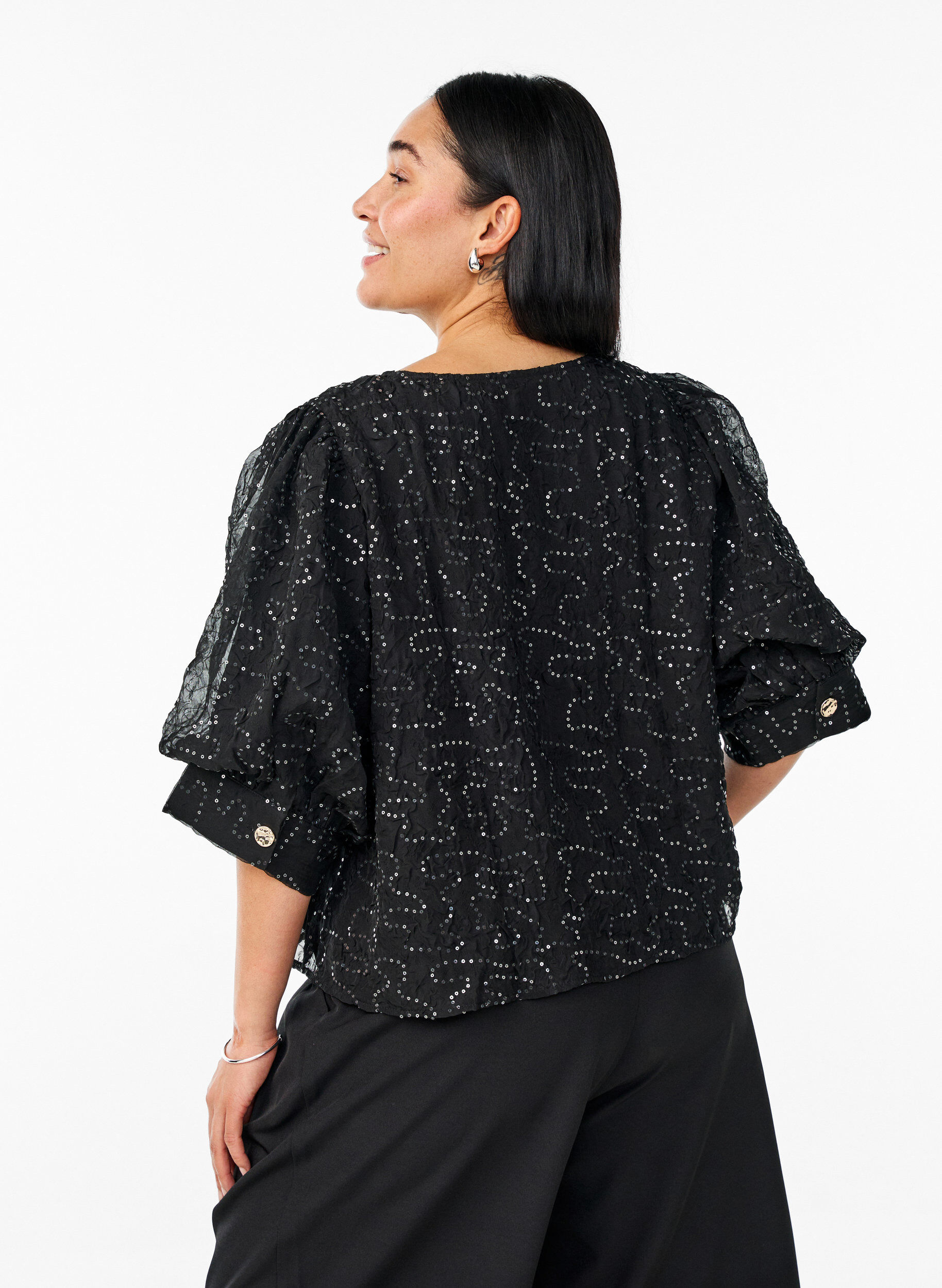 Zizzi Feestelijke blouse met pailletten en halflange mouwen, Zwart, Model image number 2
