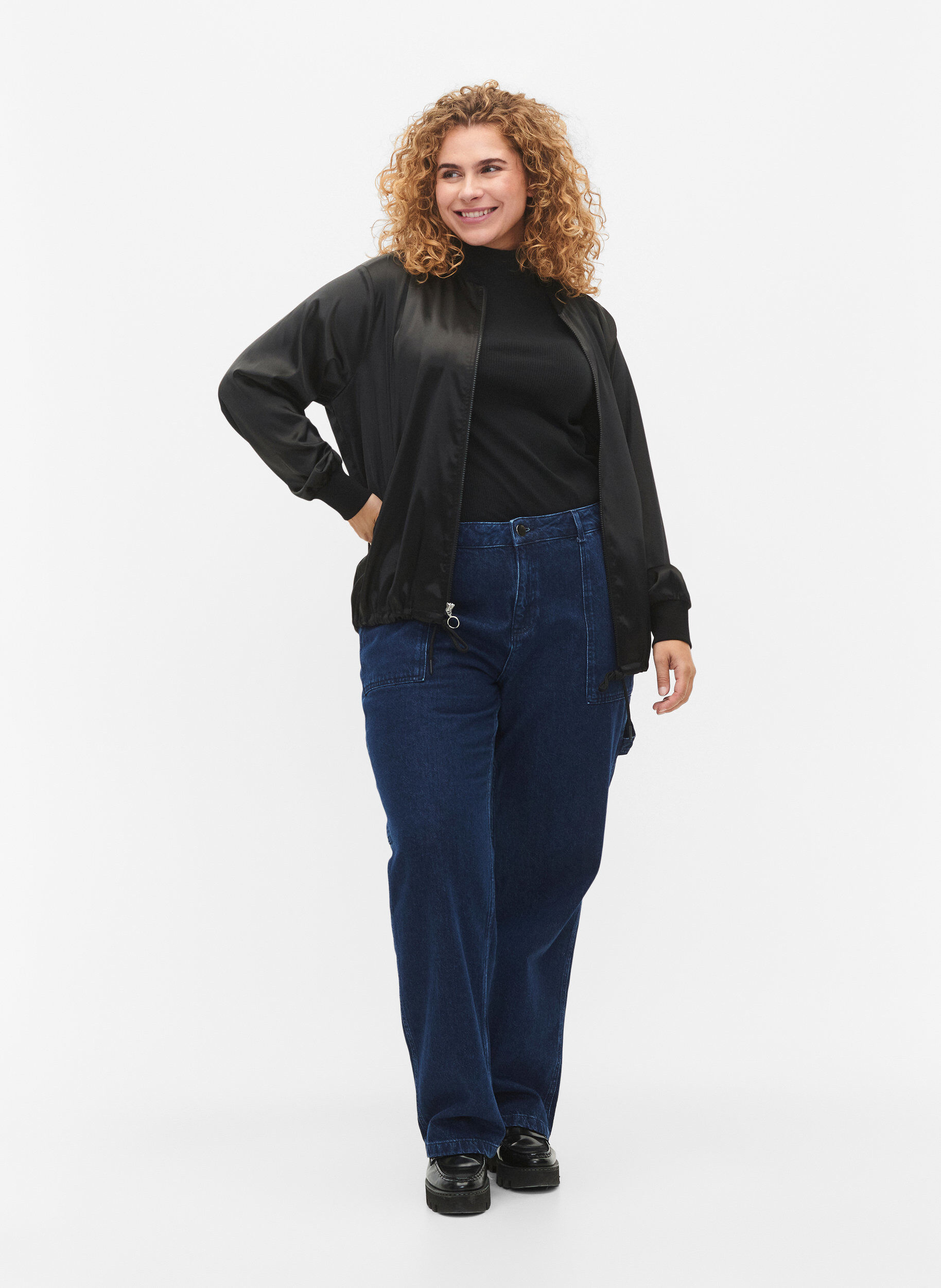 Zizzi Bomberjack met rits en touwtjes, Black, Model image number 2