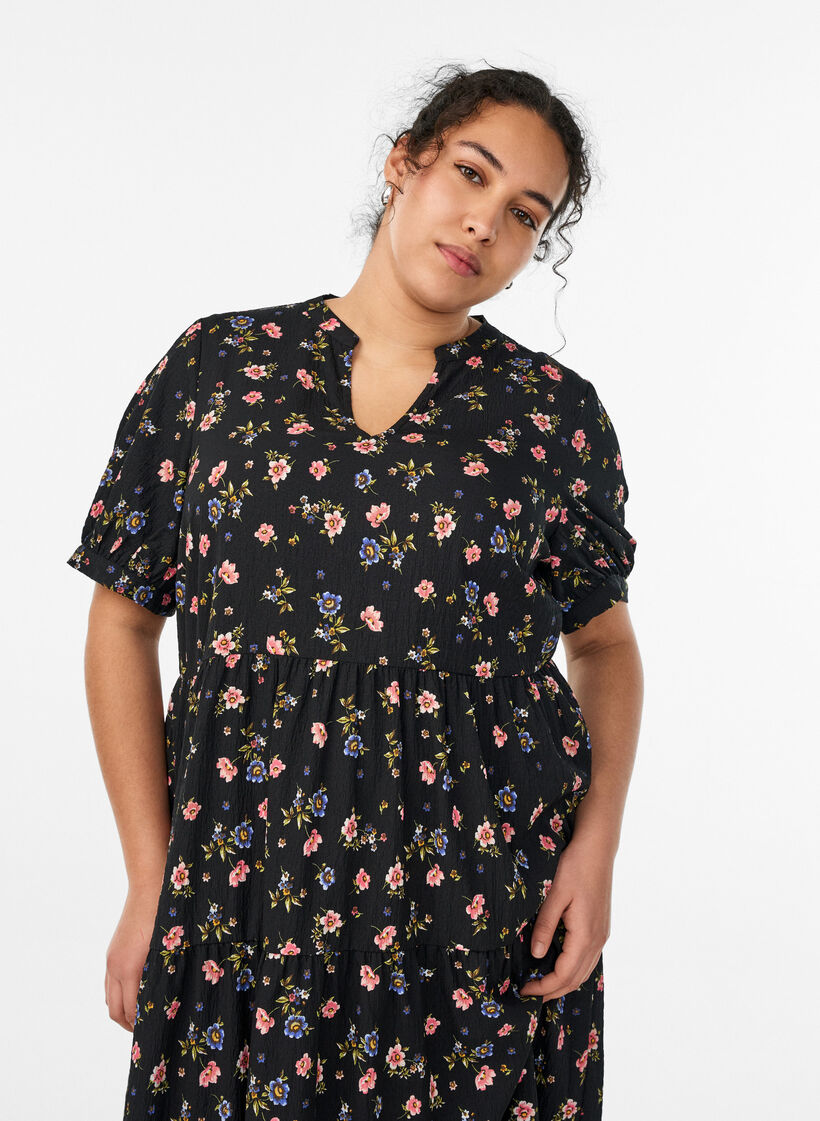 Enkellange jurk met korte mouwen en gelaagde ruches, Zwart, Model image number 2