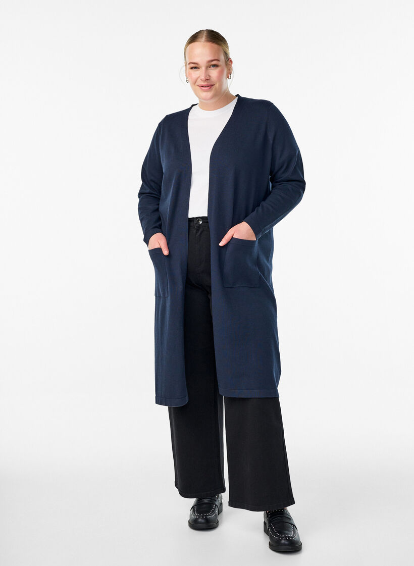 Lang, open vest met zakken, Blauw, Model image number 0