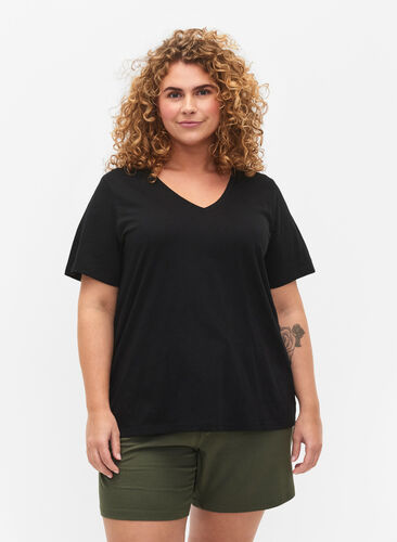 Basic t-shirt met korte mouwen en V-hals, Black, Model image number 0