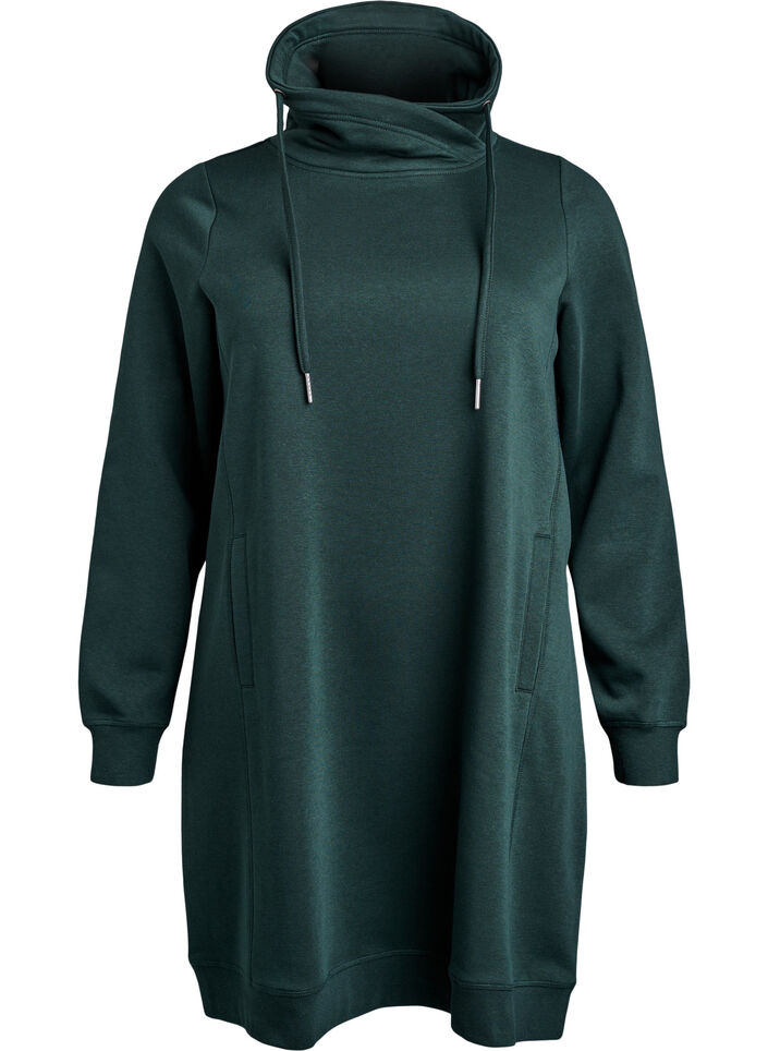 Kort sweatshirt jurk met hoge kraag en zakken, Groen, Packshot image number 0