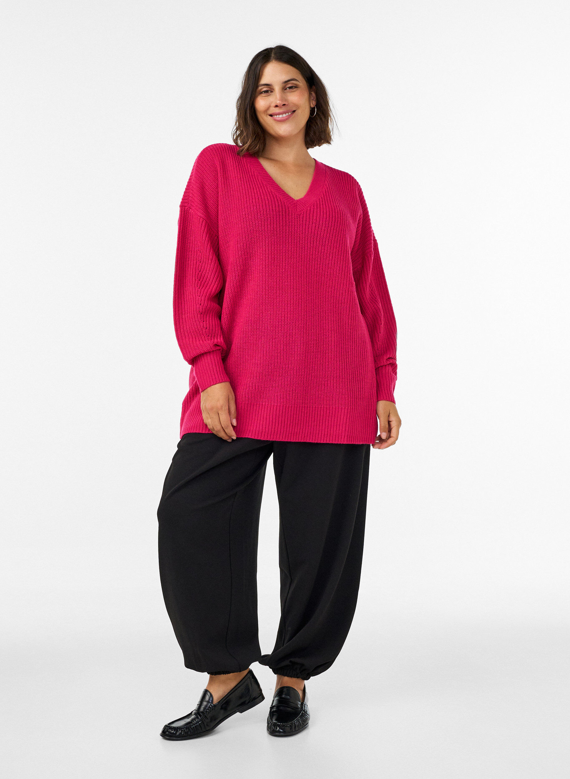 ZizziLange ribgebreide blouse met V-hals, Roze, Model image number 1