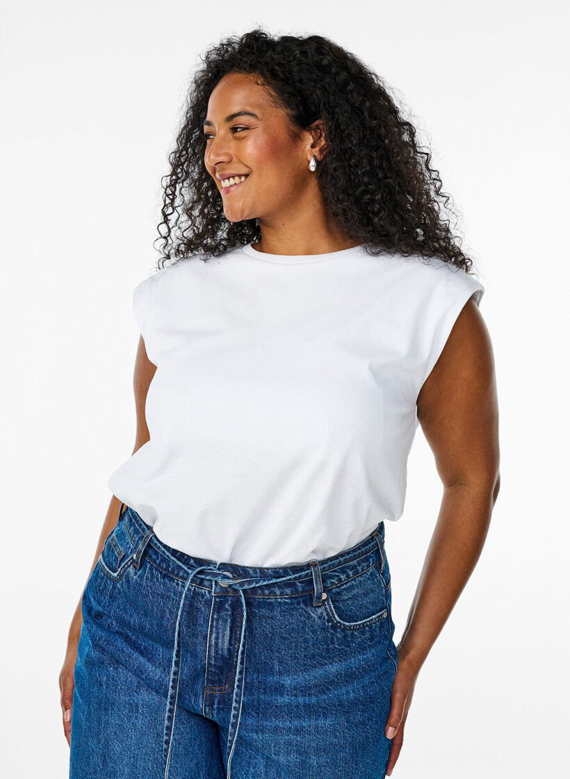 Mouwloze blouse van jersey met schoudervulling, Wit, Model image number 0