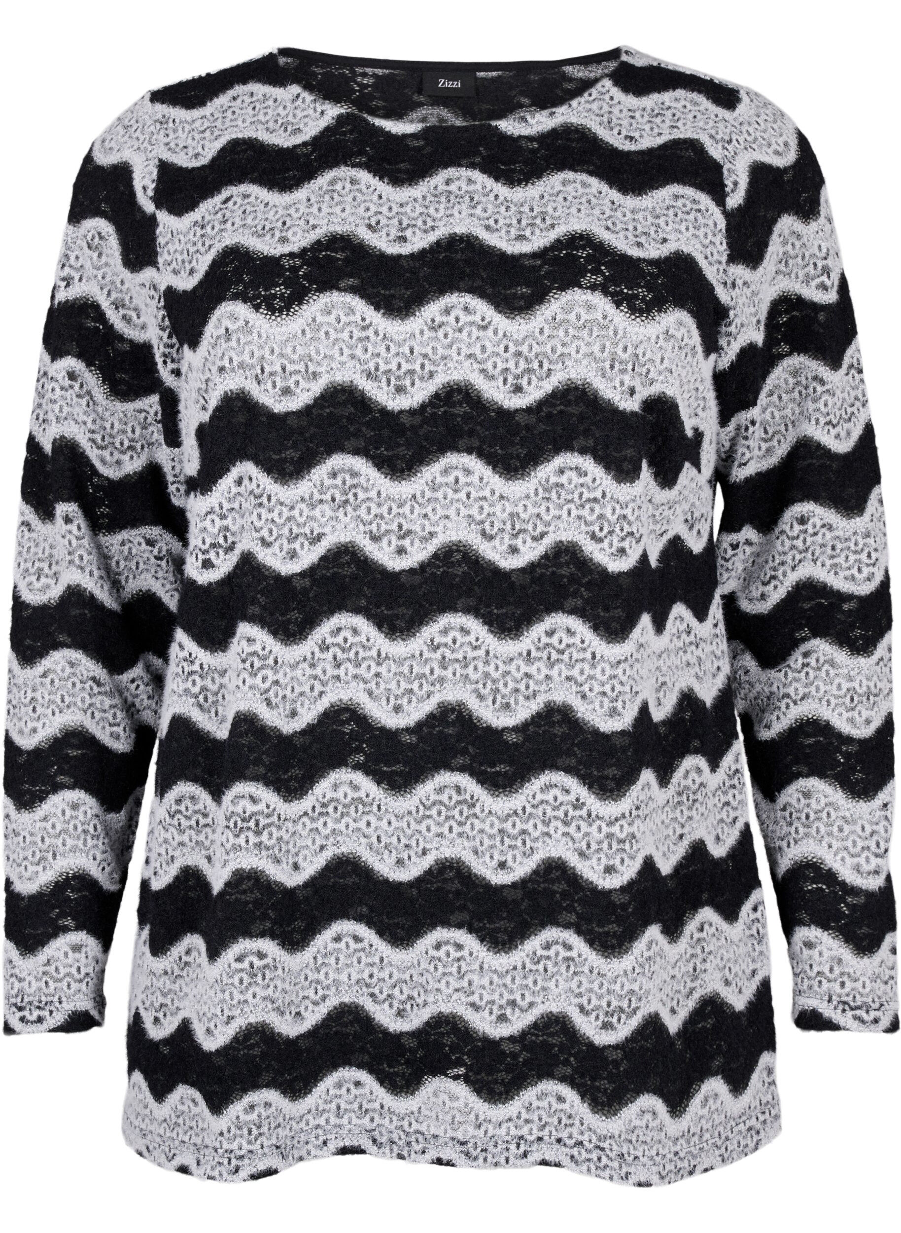 Zizzi Gebreide blouse met golfpatroon, Black Stripe, Packshot image number 0
