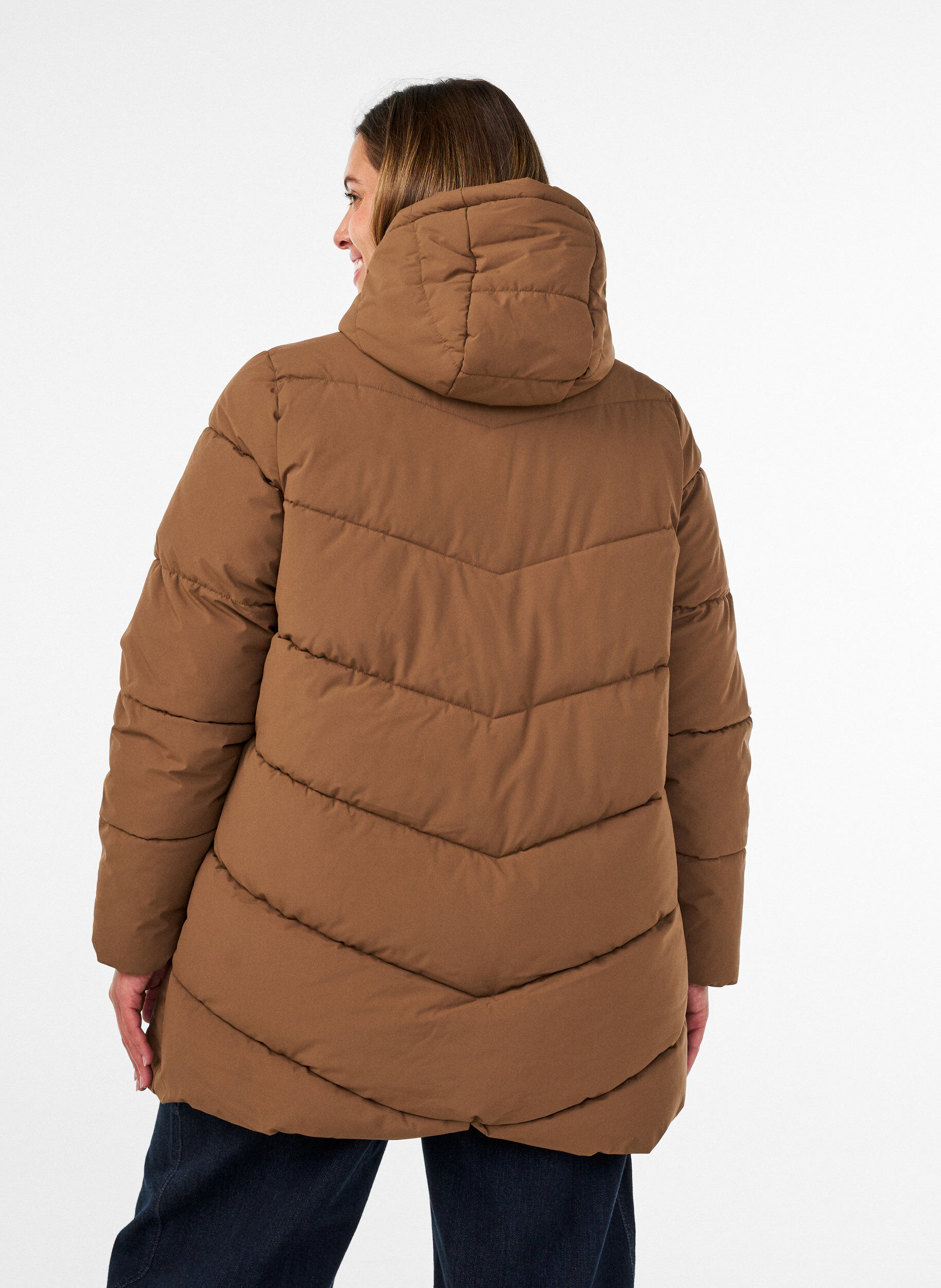 ZizziHalflange pufferjas met capuchon, Bruin, Model image number 2