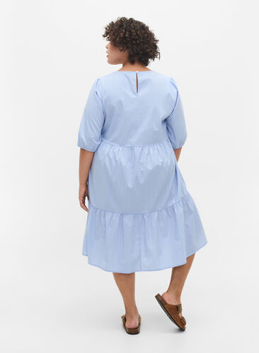 Gestreepte jurk met korte pofmouwen, Blue As Sample, Model image number 1