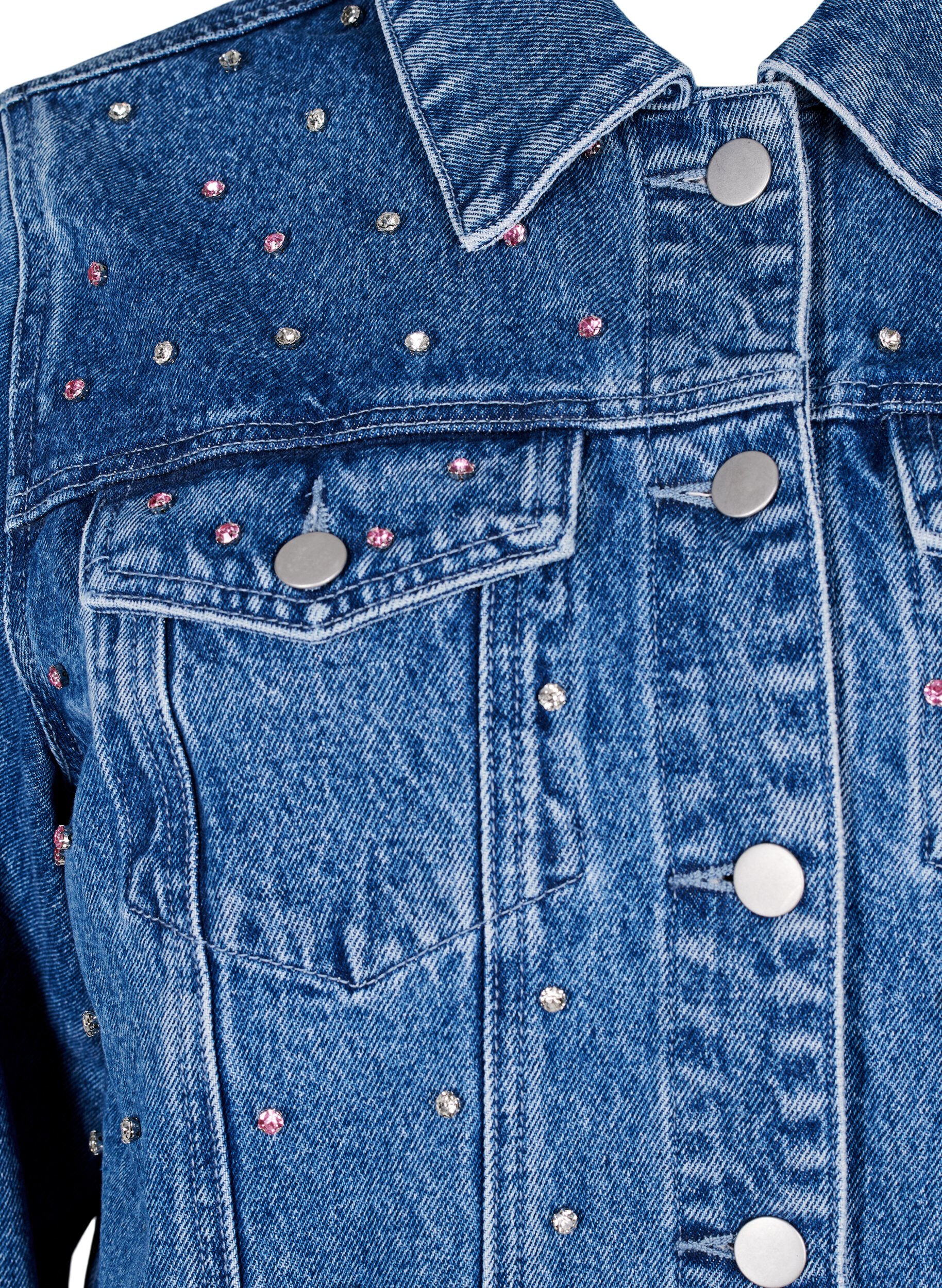 Zizzi Denimjack met strasssteentjes en een rauwe zoom, Blauw, Packshot image number 2