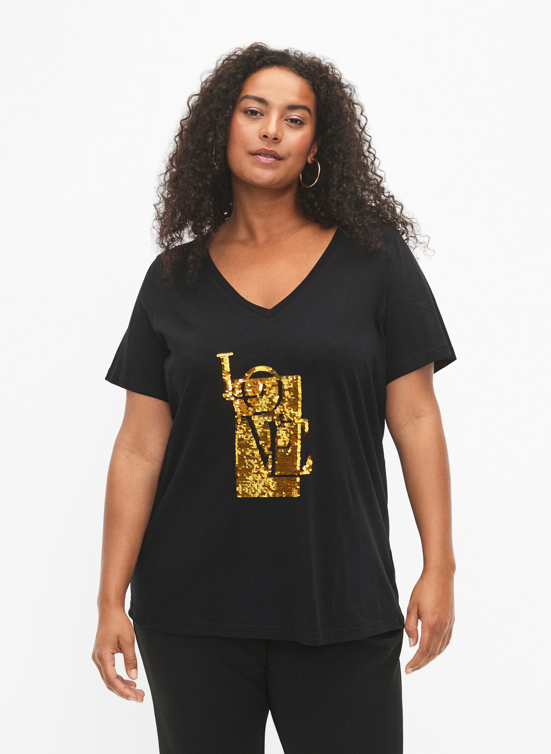 Zizzi Katoenen T-shirt met pailletten, Black w. Love, Model image number 0