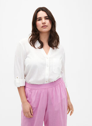 Shirtblouse met knoopsluiting van katoen-linnenmix, Bright White, Model image number 0
