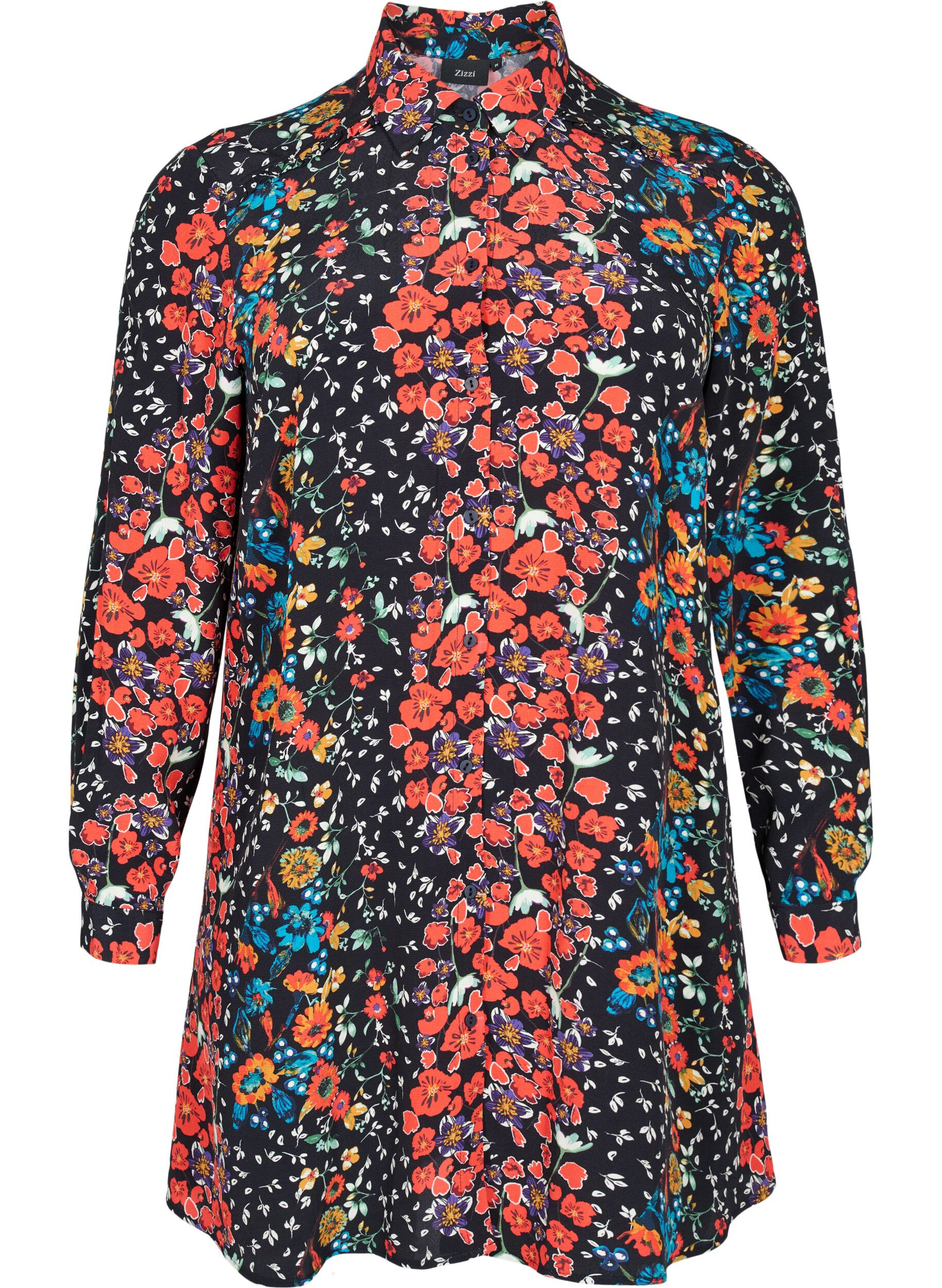 Zizzi Lang viscose overhemd met bloemenprint, Black Flower, Packshot image number 0