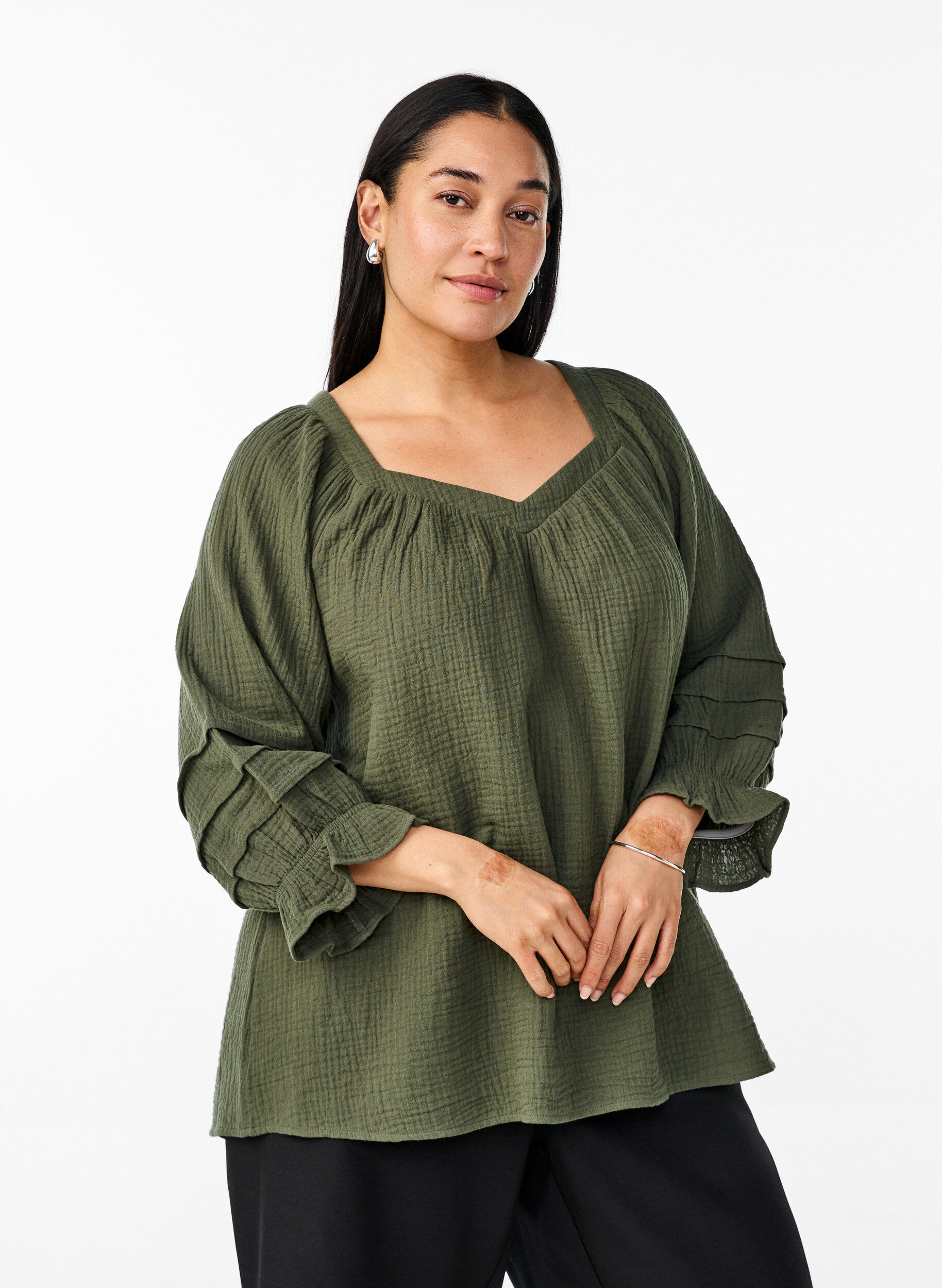 Zizzi Katoenen mousseline blouse met 3/4 mouwen, Thyme, Model image number 0