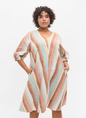 Gestreepte kastoenen jurk met a-lijn, Multi Stripe, Model image number 0