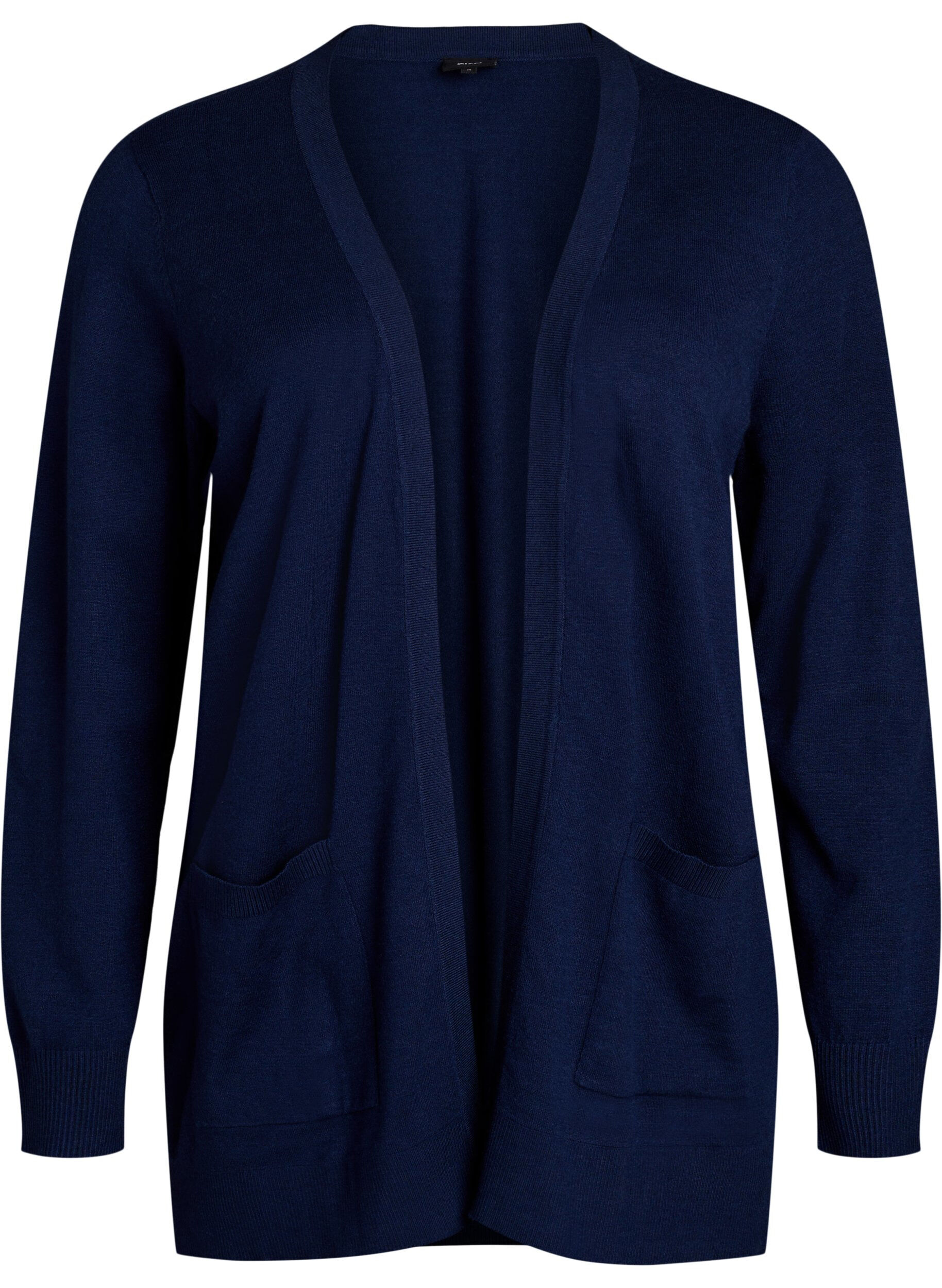 Zizzi Lange open knit vest met zakken, Blauw, Packshot image number 0