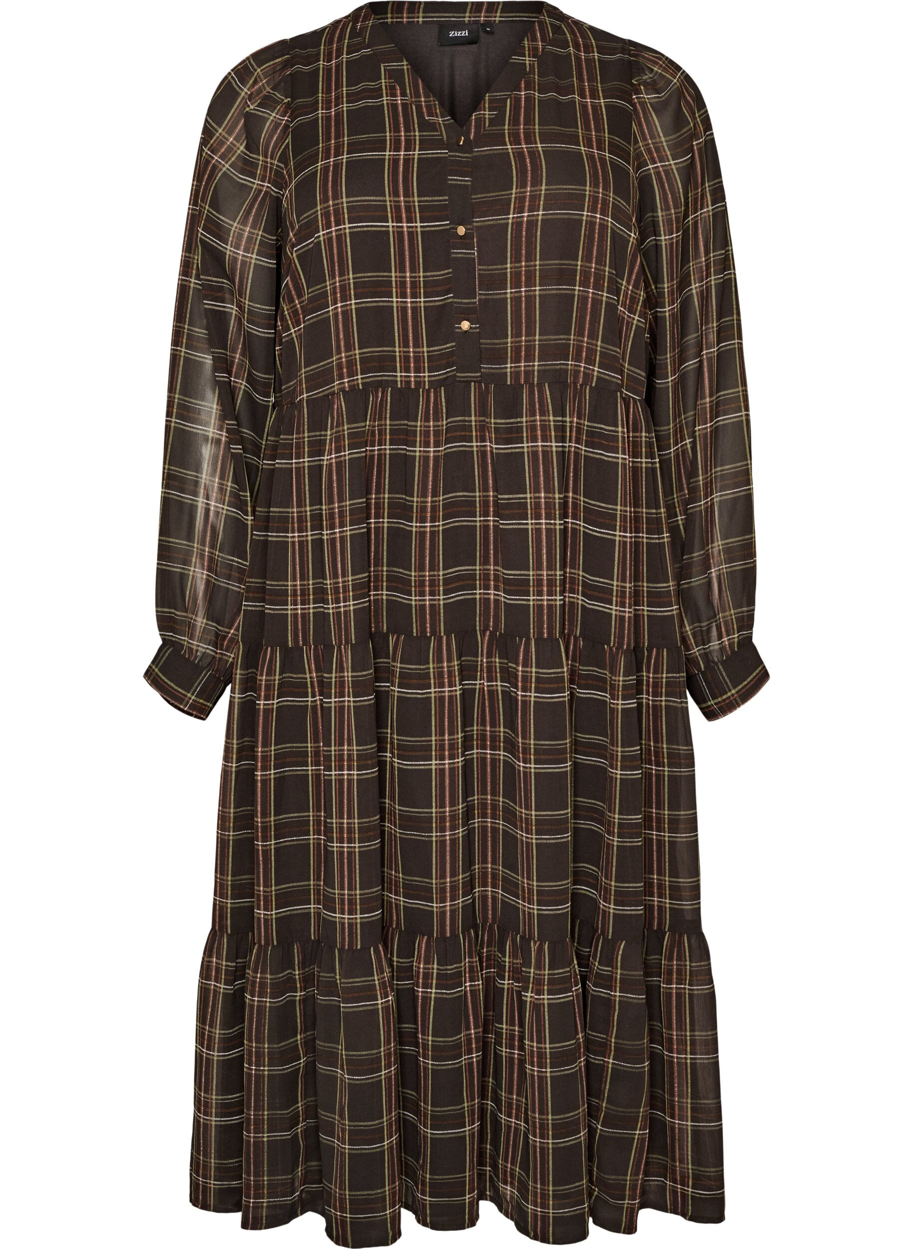 ZizziGecontroleerde midi-jurk met een rok in lagen, Bruin, Packshot image number 0