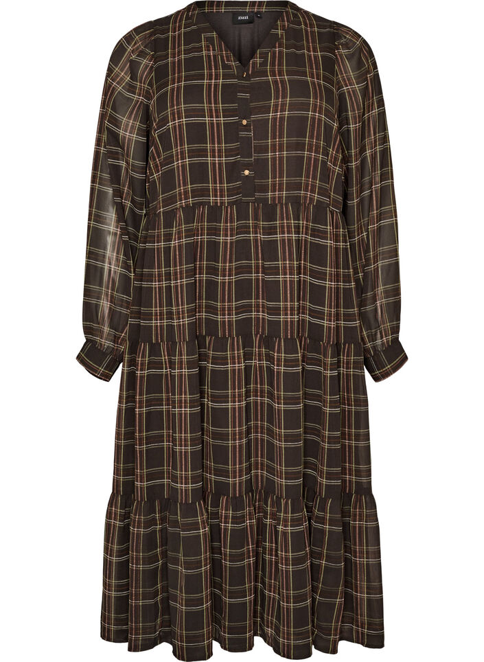 Gecontroleerde midi-jurk met een rok in lagen, Bruin, Packshot image number 0