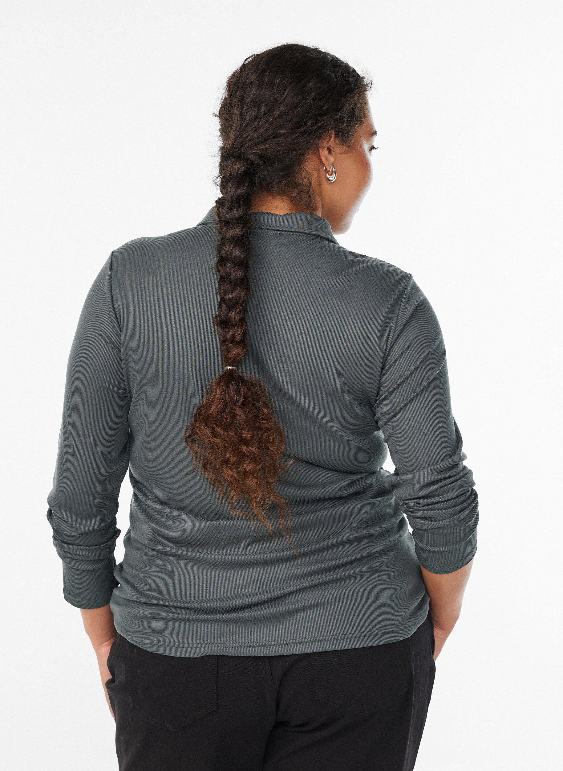 Zizzi Polo in zachte rib met lange mouwen, Groen, Model image number 2