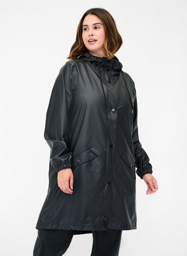 Regenjas met capuchon en knoopsluiting, Black, Model image number 0