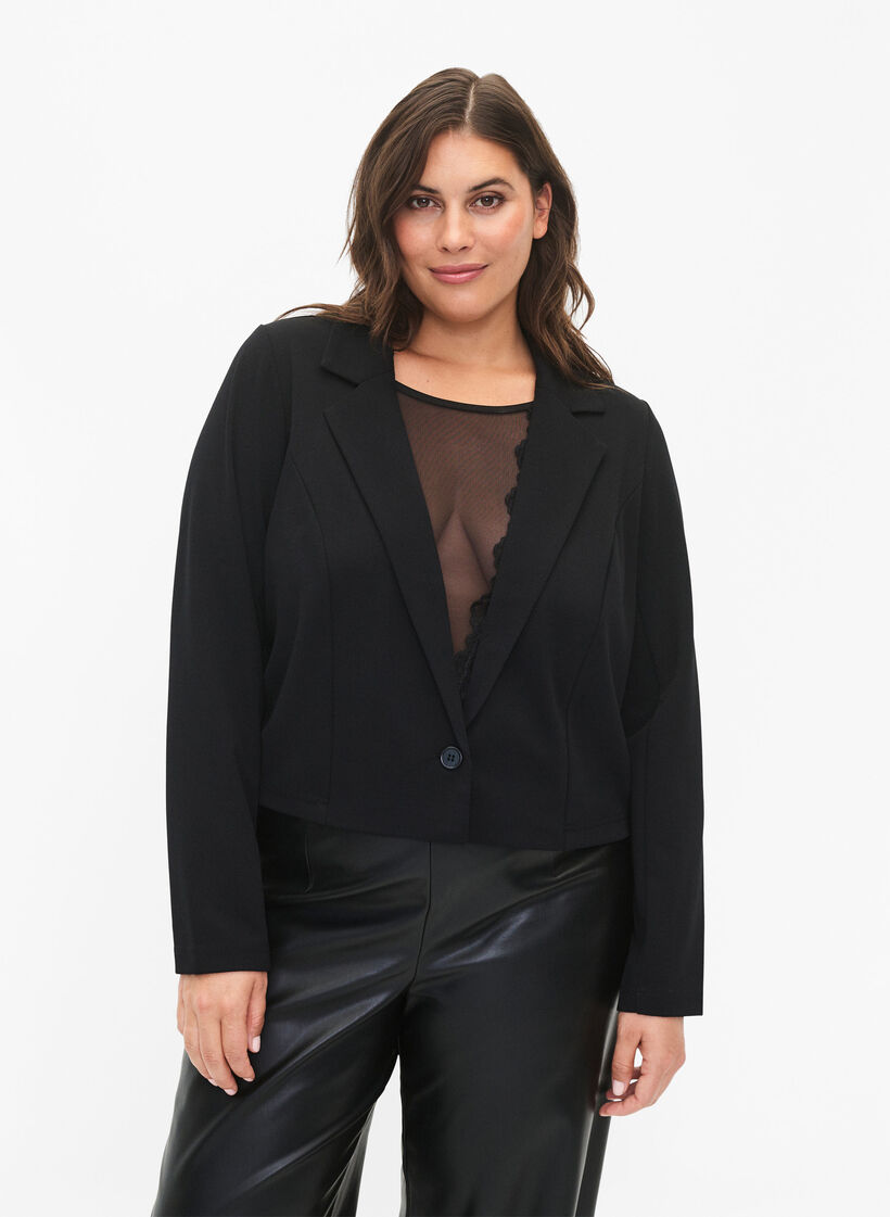 Korte blazer met knoop, Black, Model image number 0
