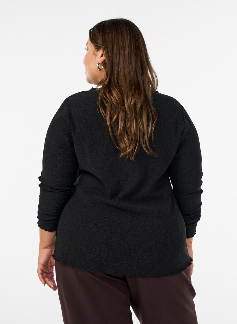 Blouse met structuur en golvende randen, Zwart, Model image number 2