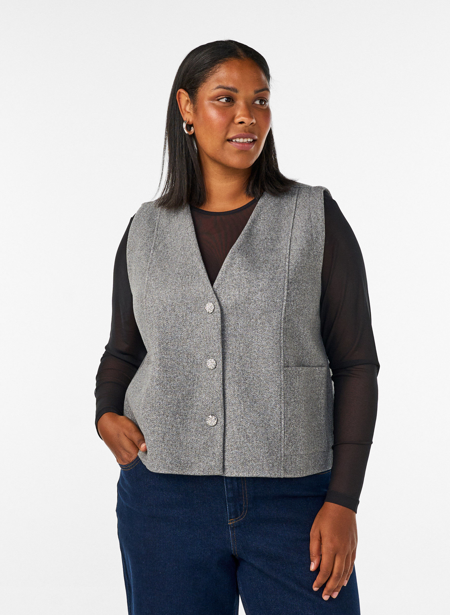 Mesh blouse met lange mouwen, Zwart, Model