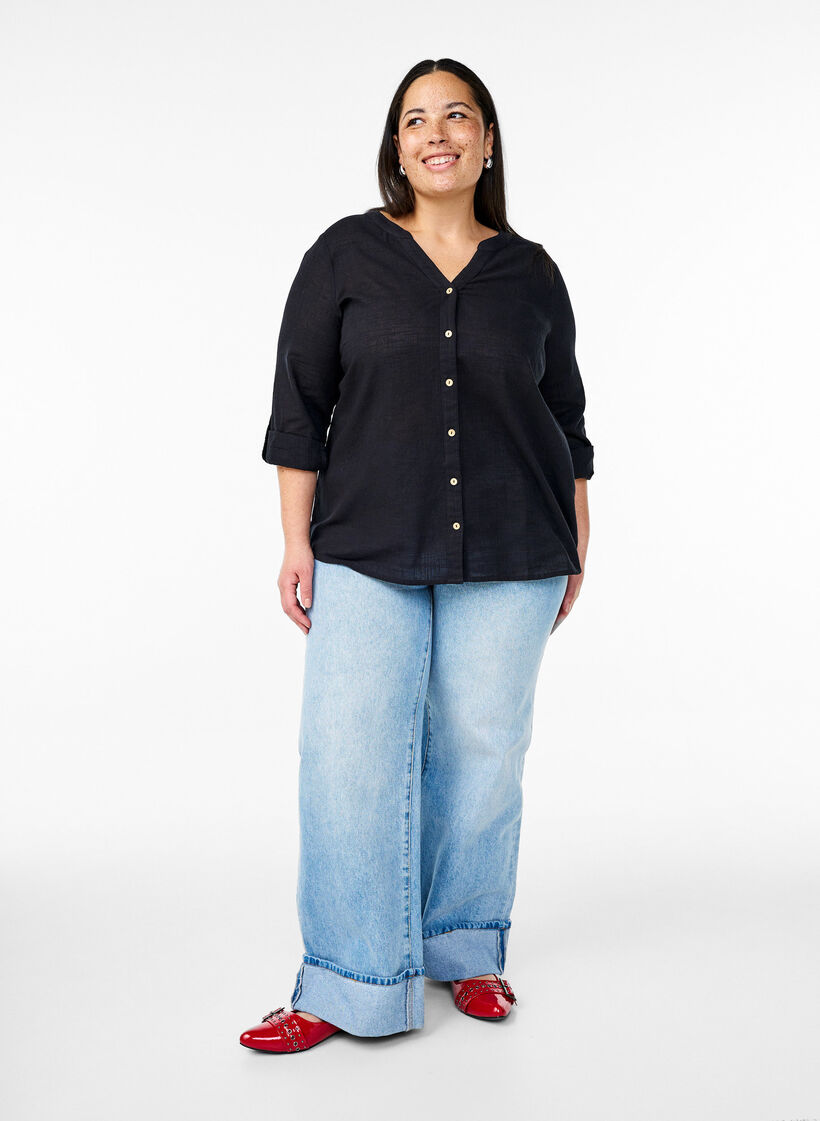 Katoenen blouse met een V-hals, Zwart, Model image number 1