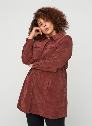 Katoenen jurk van fluweel met knopen, Brown ASS, Model image number 0
