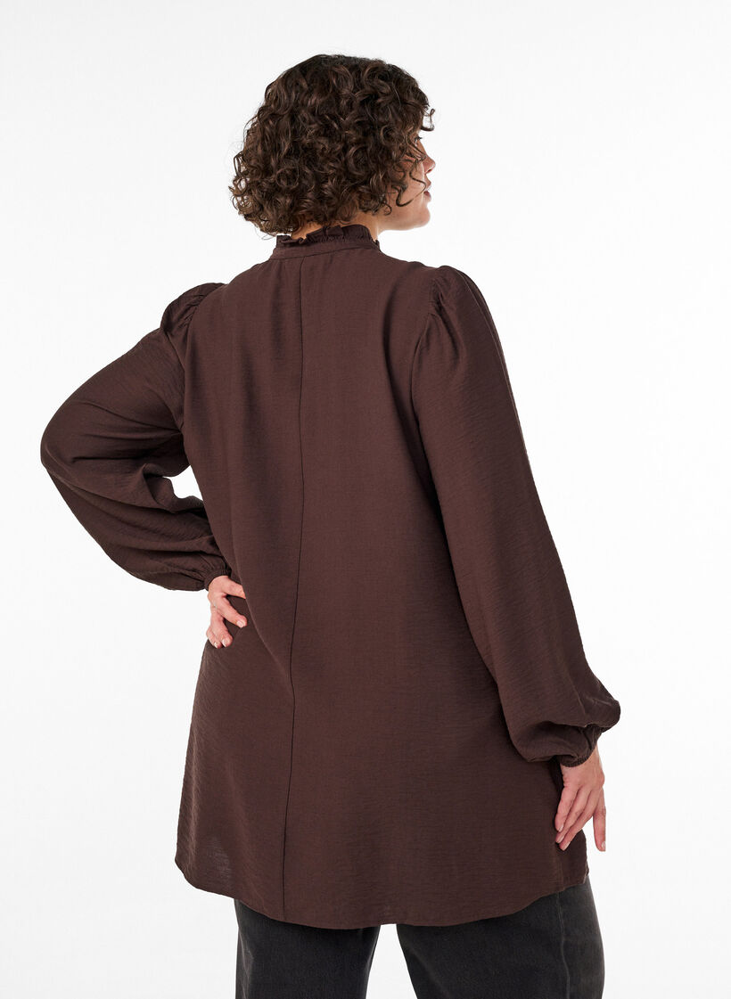 Viscose tuniek met ruches en knopen, Bruin, Model image number 2