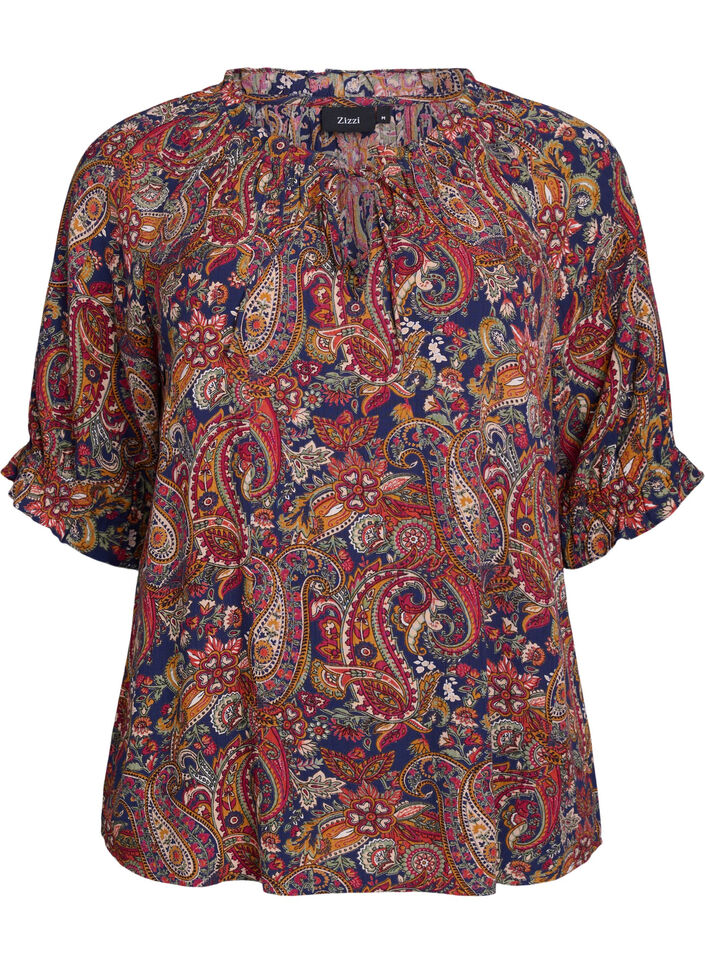 Blouse van viscose met paisley print en mouwen tot de elleboog, Blauw, Packshot image number 0