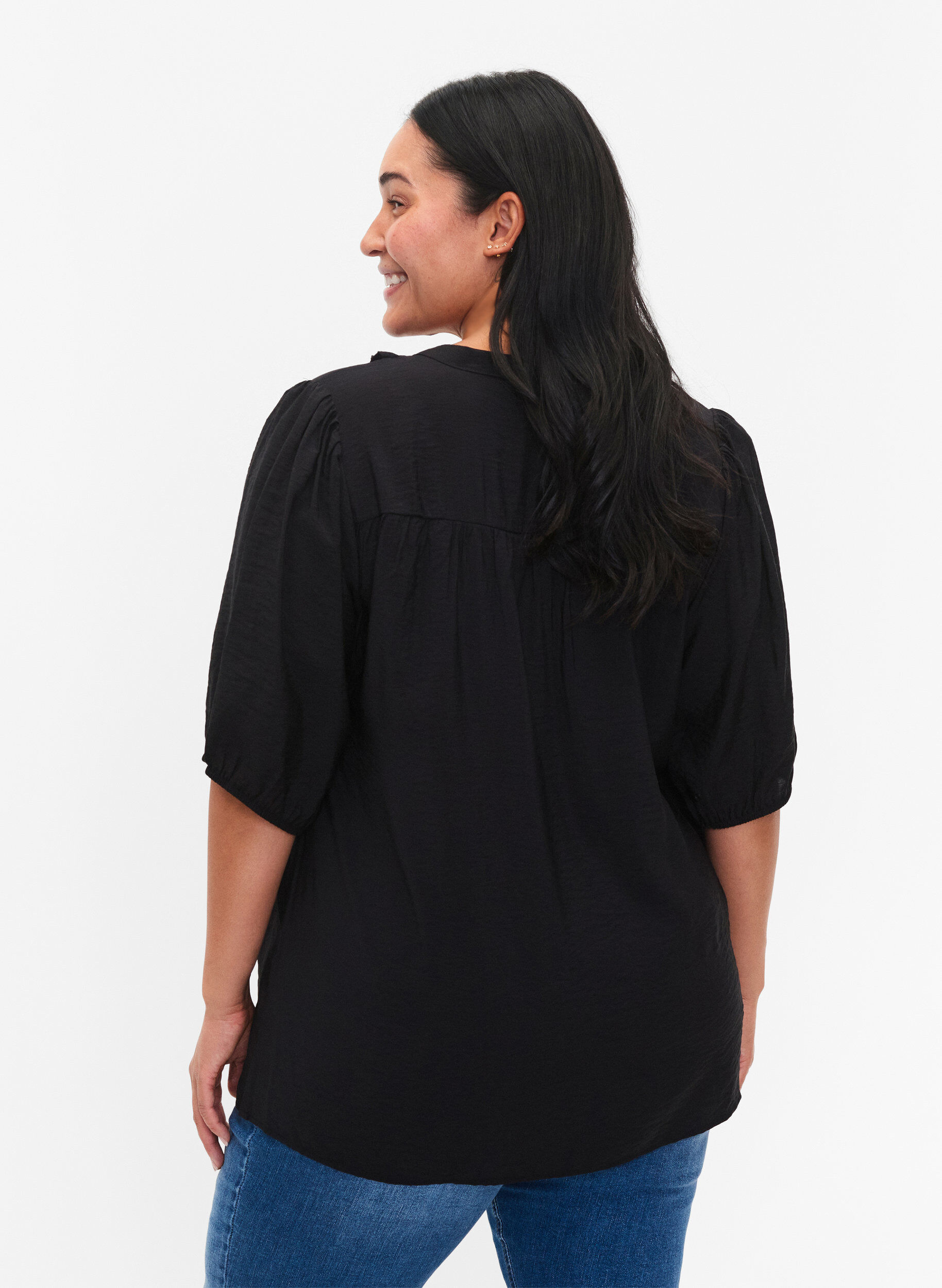 Zizzi Viscose blouse met pofmouwen en ruches, Black, Model image number 1