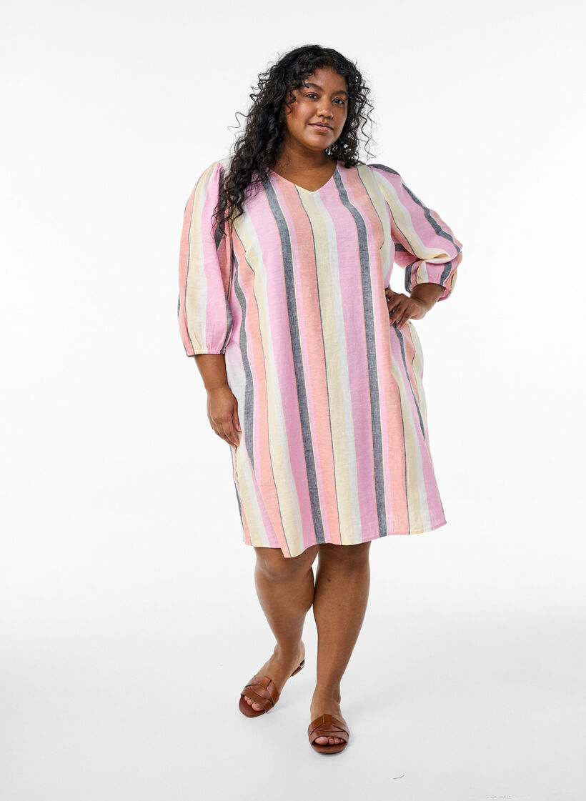 Korte jurk in linnen en viscose met 3/4 mouwen, Geel, Model image number 1