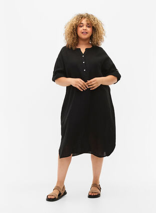 Korte mouw jurk in 100% linnen, Black, Model image number 2