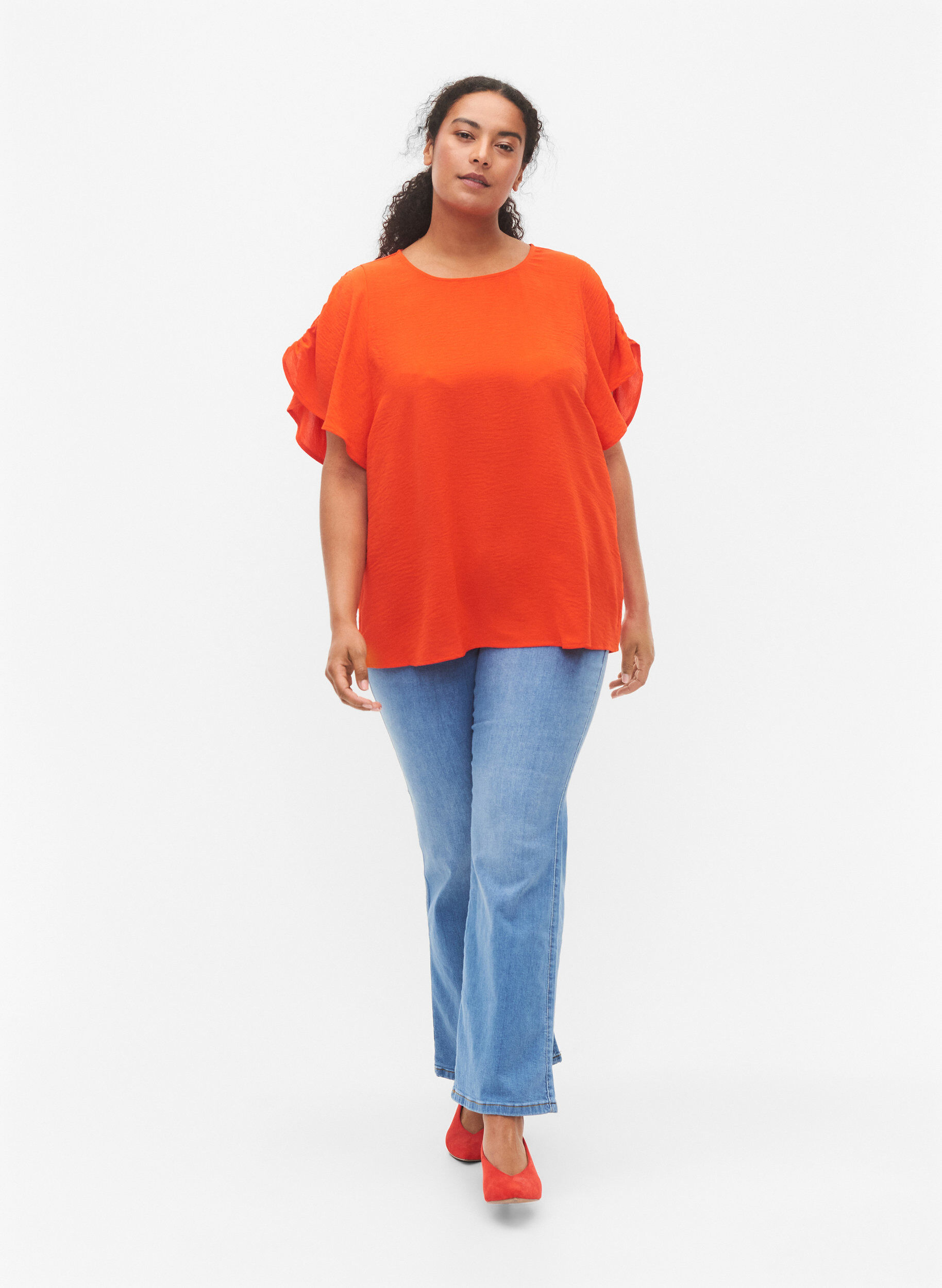 Zizzi Geribbelde blouse met korte mouw, Orange.com, Model image number 3