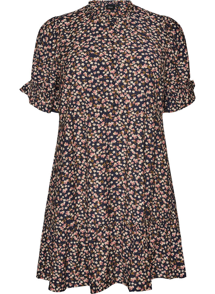 Korte viscose jurk met ruchesdetails, Blauw, Packshot image number 0