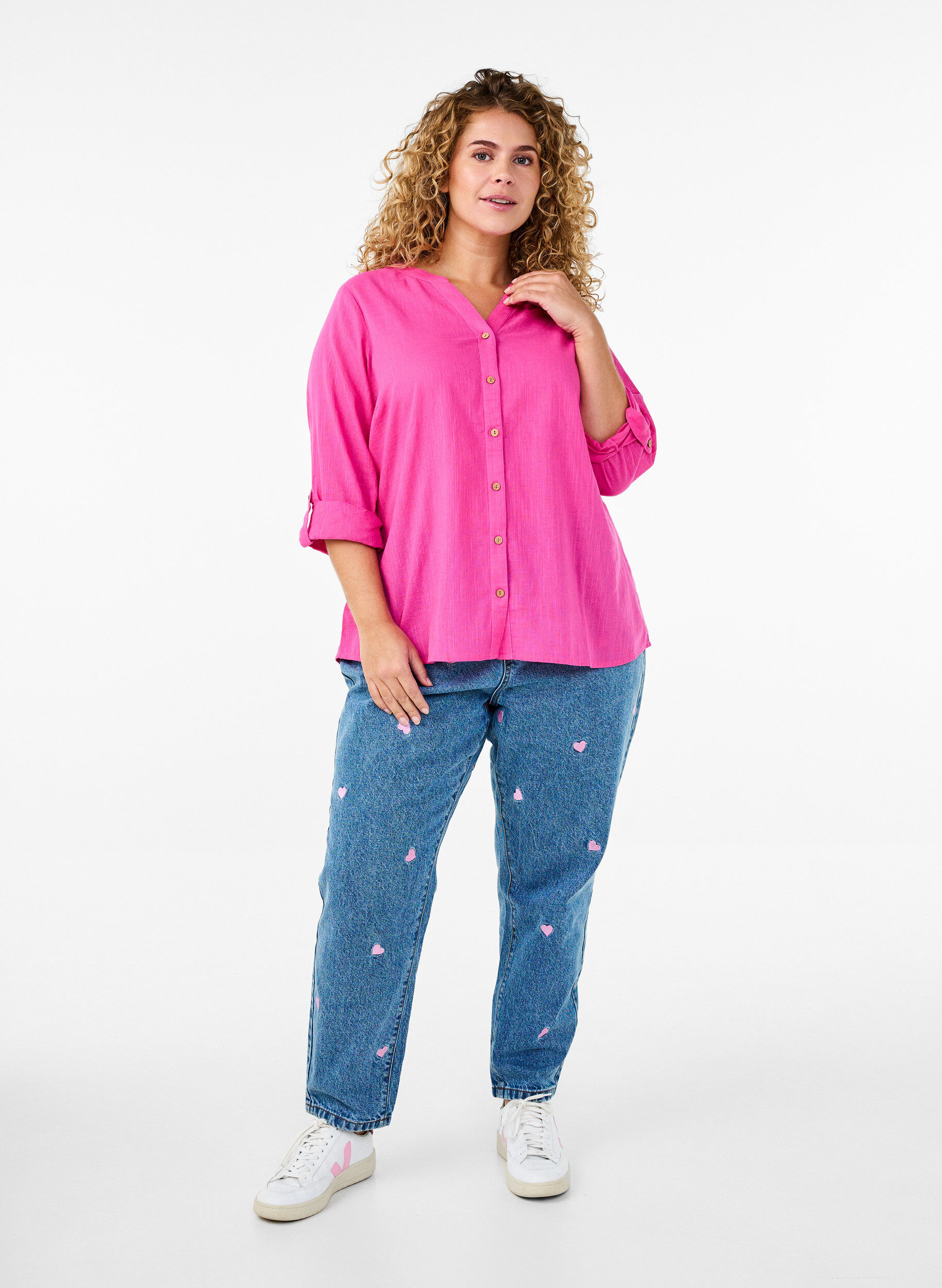 ZizziKatoenen blouse met een V-hals, Roze, Model image number 1