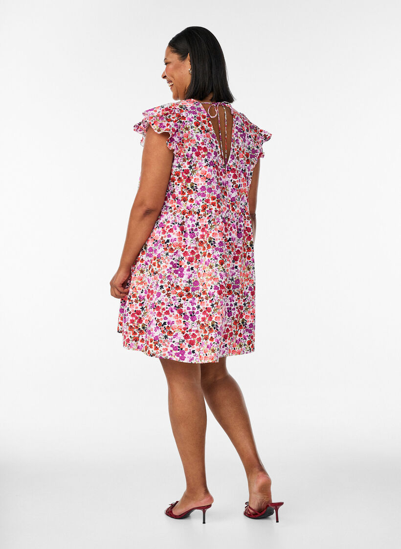 Katoenen bloemenjurk met ruches en V-hals, Roze, Model image number 2