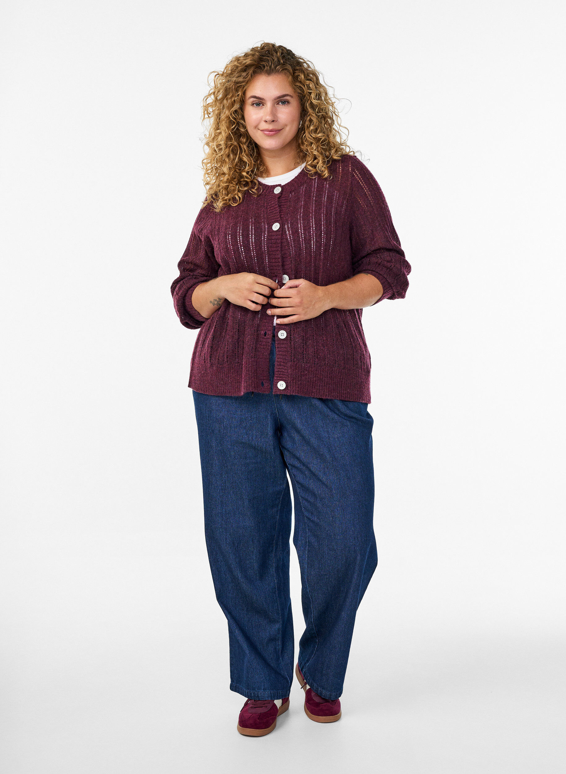 ZizziGebreide cardigan met opengewerkt patroon, Donker Bordeaux, Model image number 1