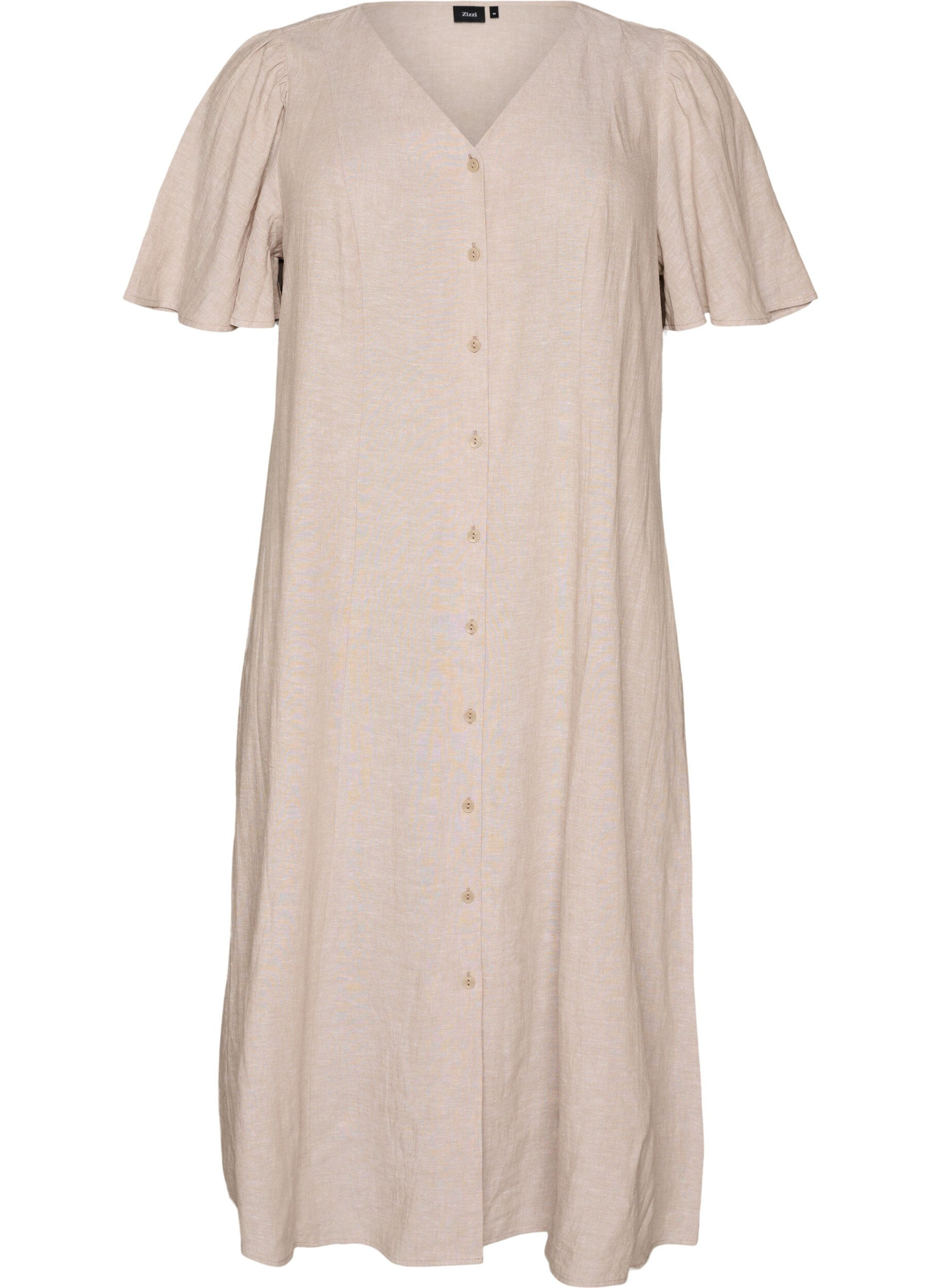 Midi jurk in linnen en viscose met ruchesmouwen