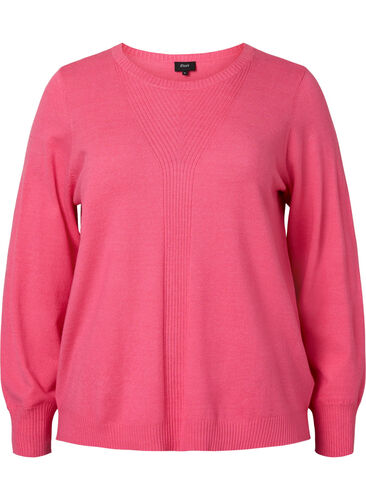 Effen gekleurde gebreide trui met ribdetails, Hot Pink Mel., Packshot image number 0