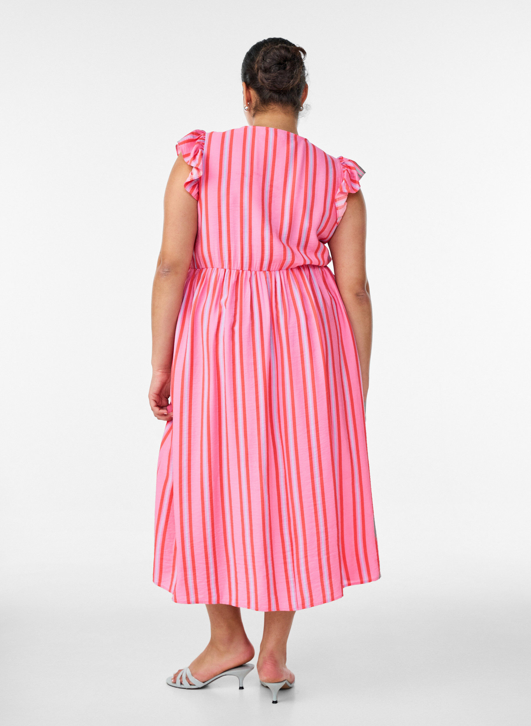 ZizziGestreepte midijurk met empirelijn en ruches, Roze, Model image number 1