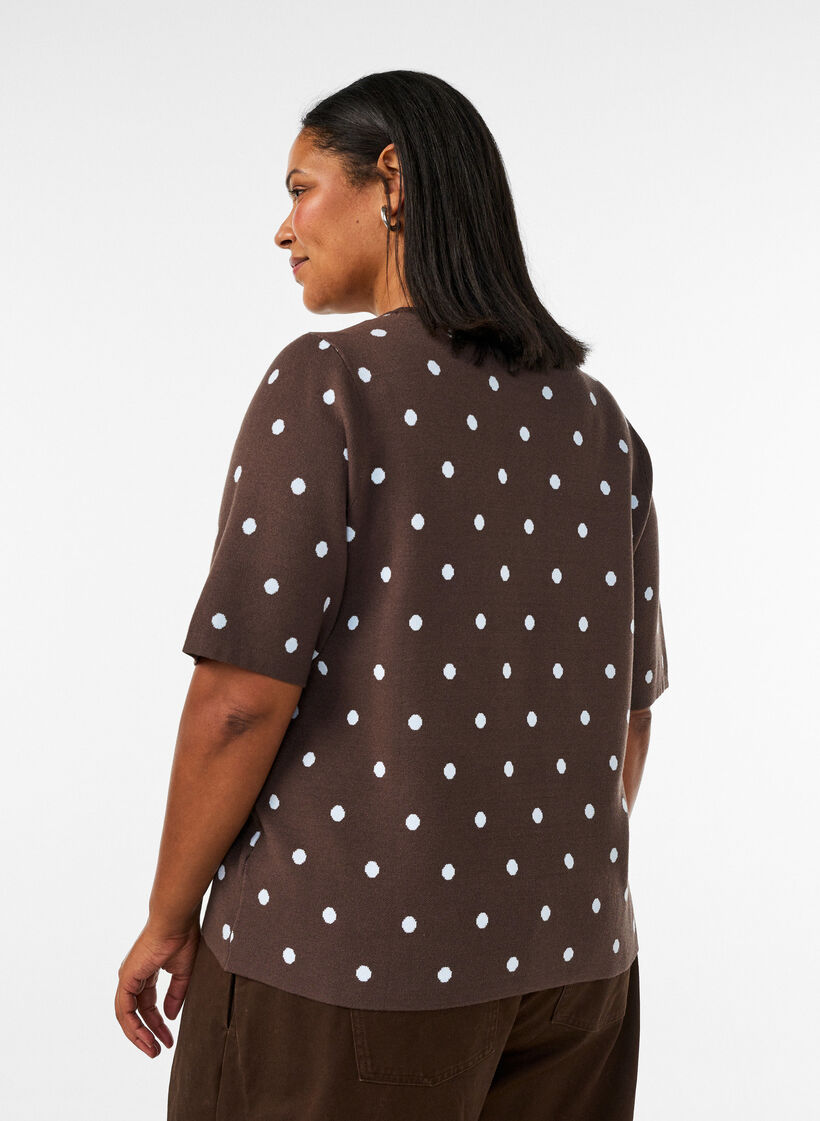 Gebreide blouse met korte mouwen en stippen, Bruin, Model image number 2