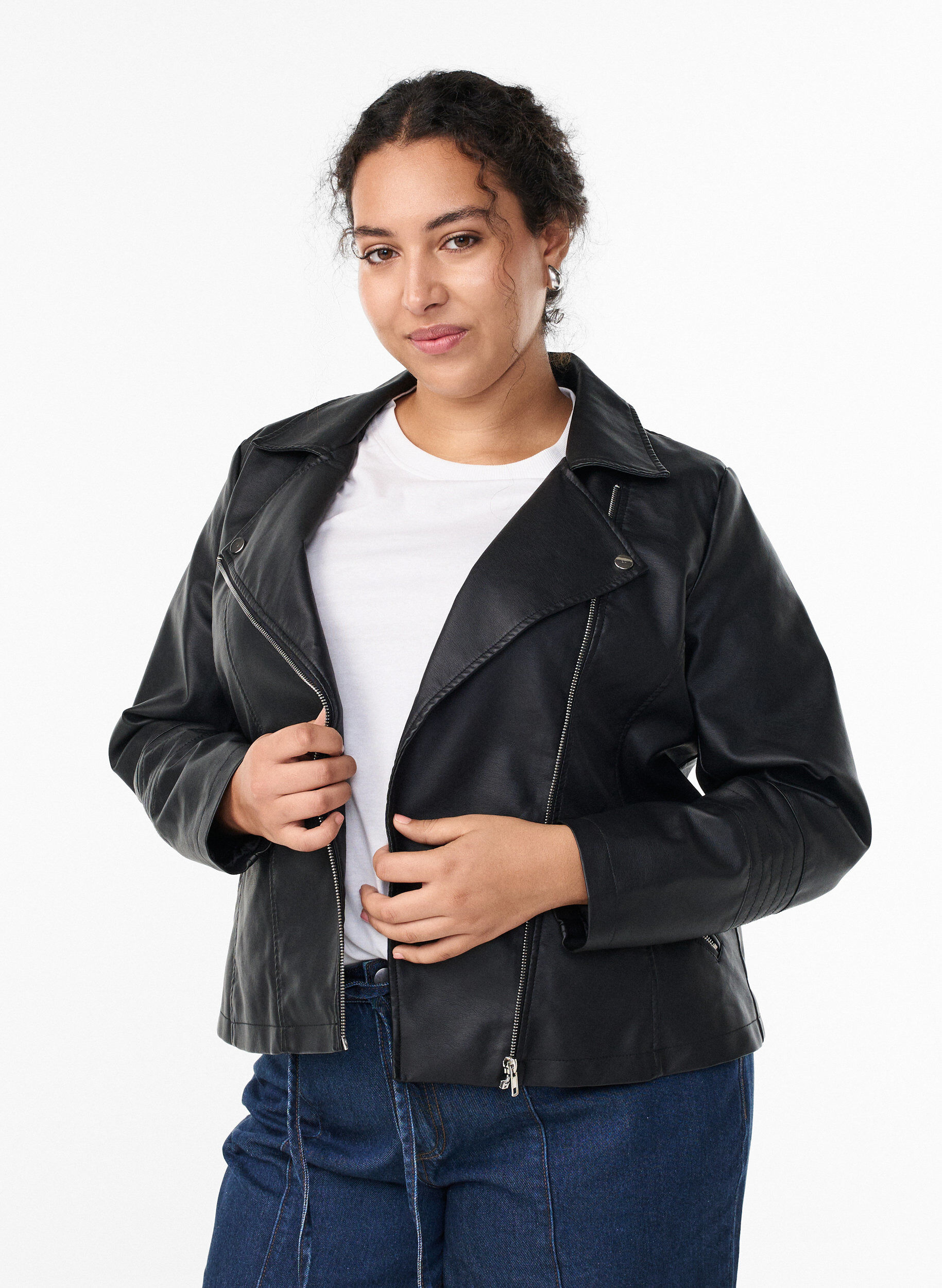 Imitatie leren bikerjas, Zwart, Model