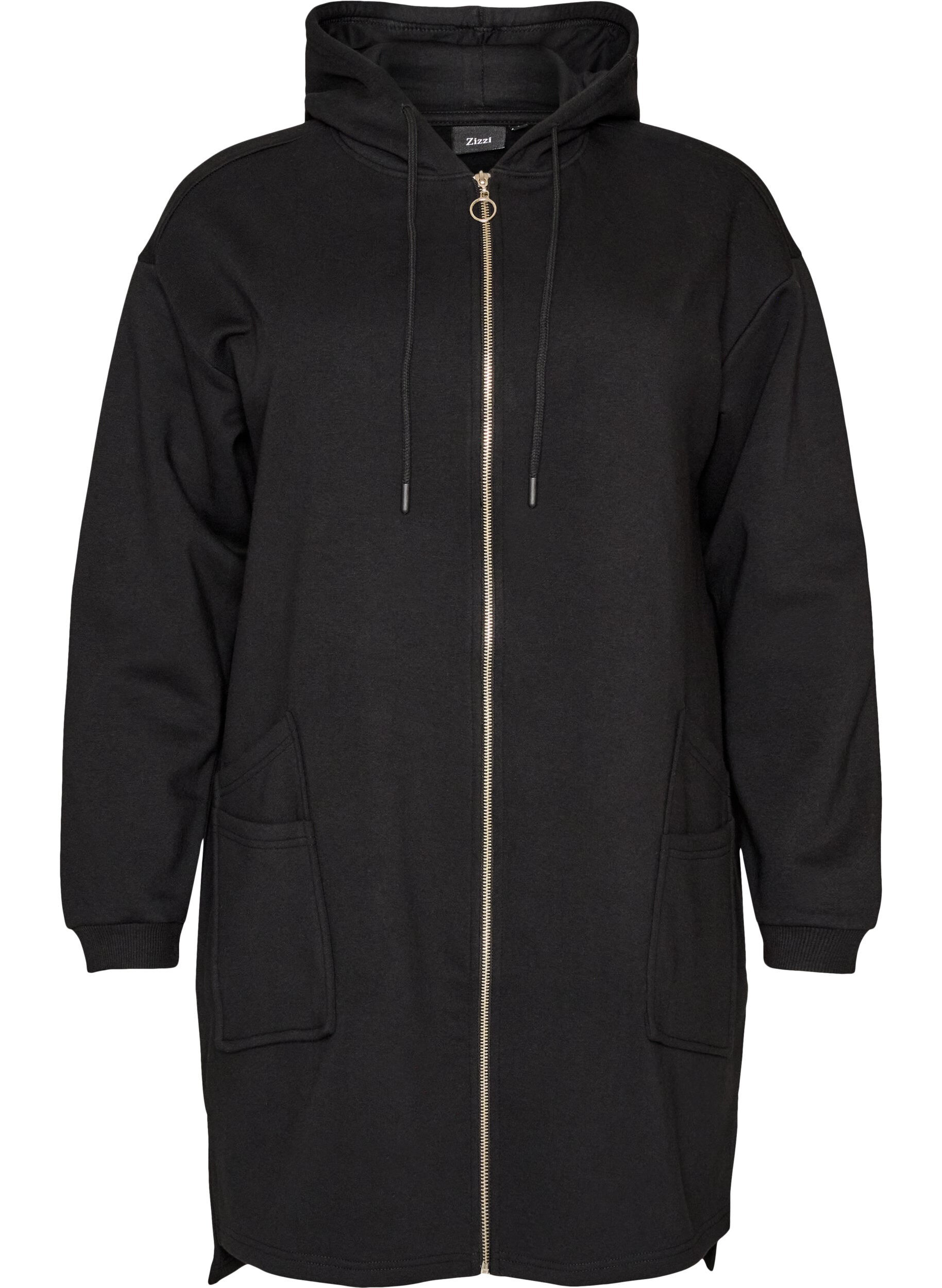 ZizziLang vest met capuchon en ritssluiting, Zwart, Packshot image number 0