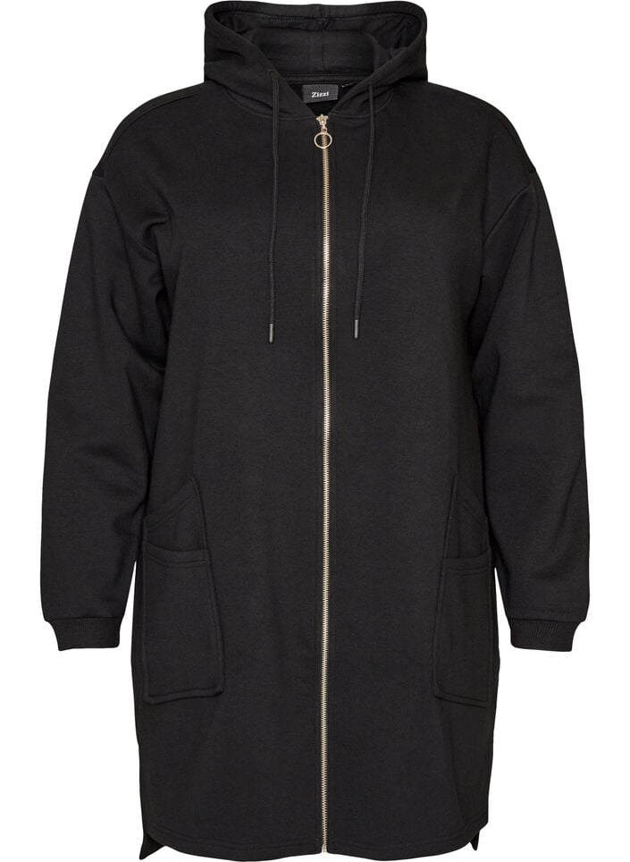 Lang vest met capuchon en ritssluiting, Zwart, Packshot image number 0