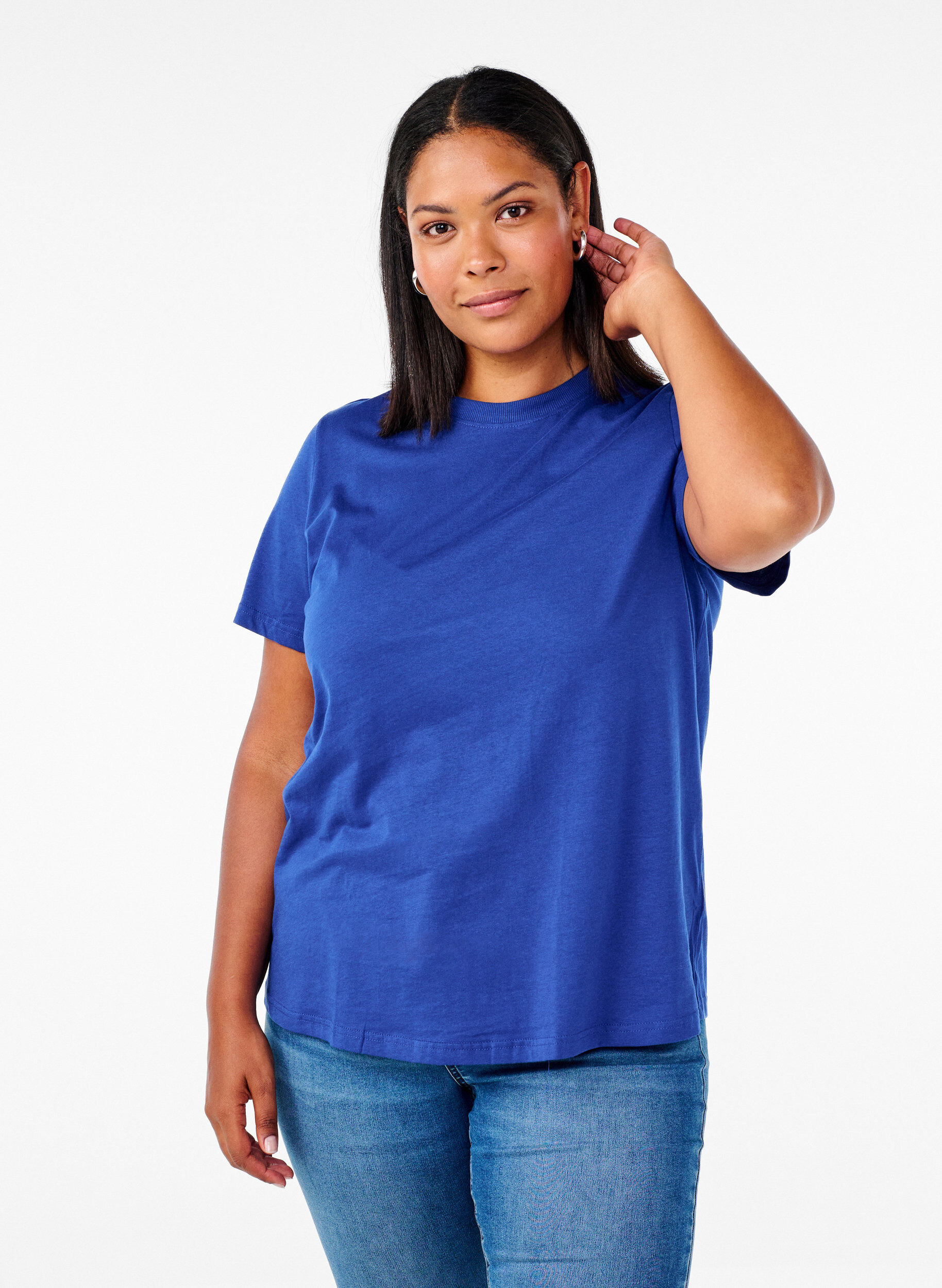 Zizzi Basic katoenen T-shirt met ronde hals, Blauw, Model image number 0