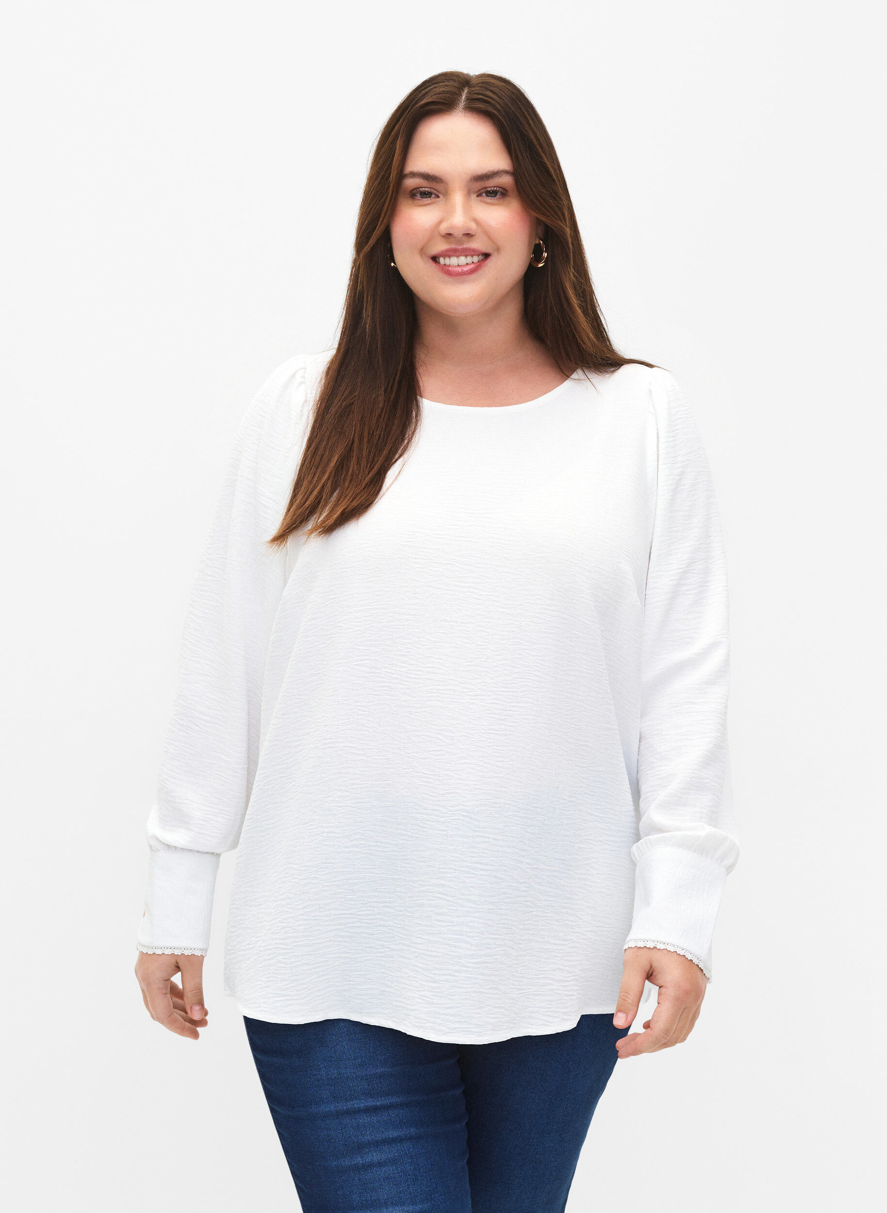 Zizzi Blouse met lange mouwen en textuur, Bright White, Model image number 0