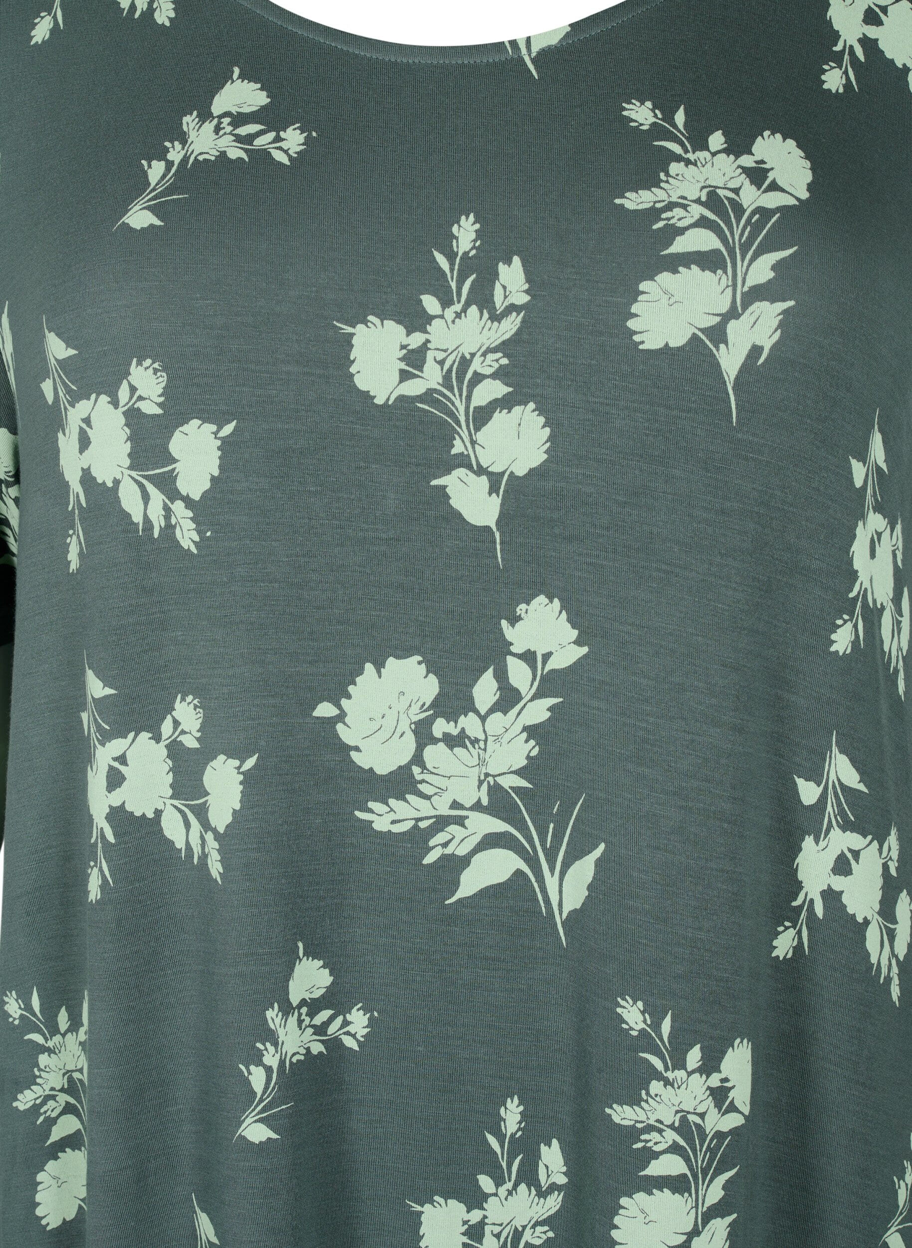 Zizzi Nachtjapon van viscose met korte mouwen en print, Balsam Green AOP, Packshot image number 2