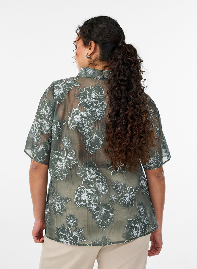 Transparante blouse met bloemenprint, Groen, Model image number 2