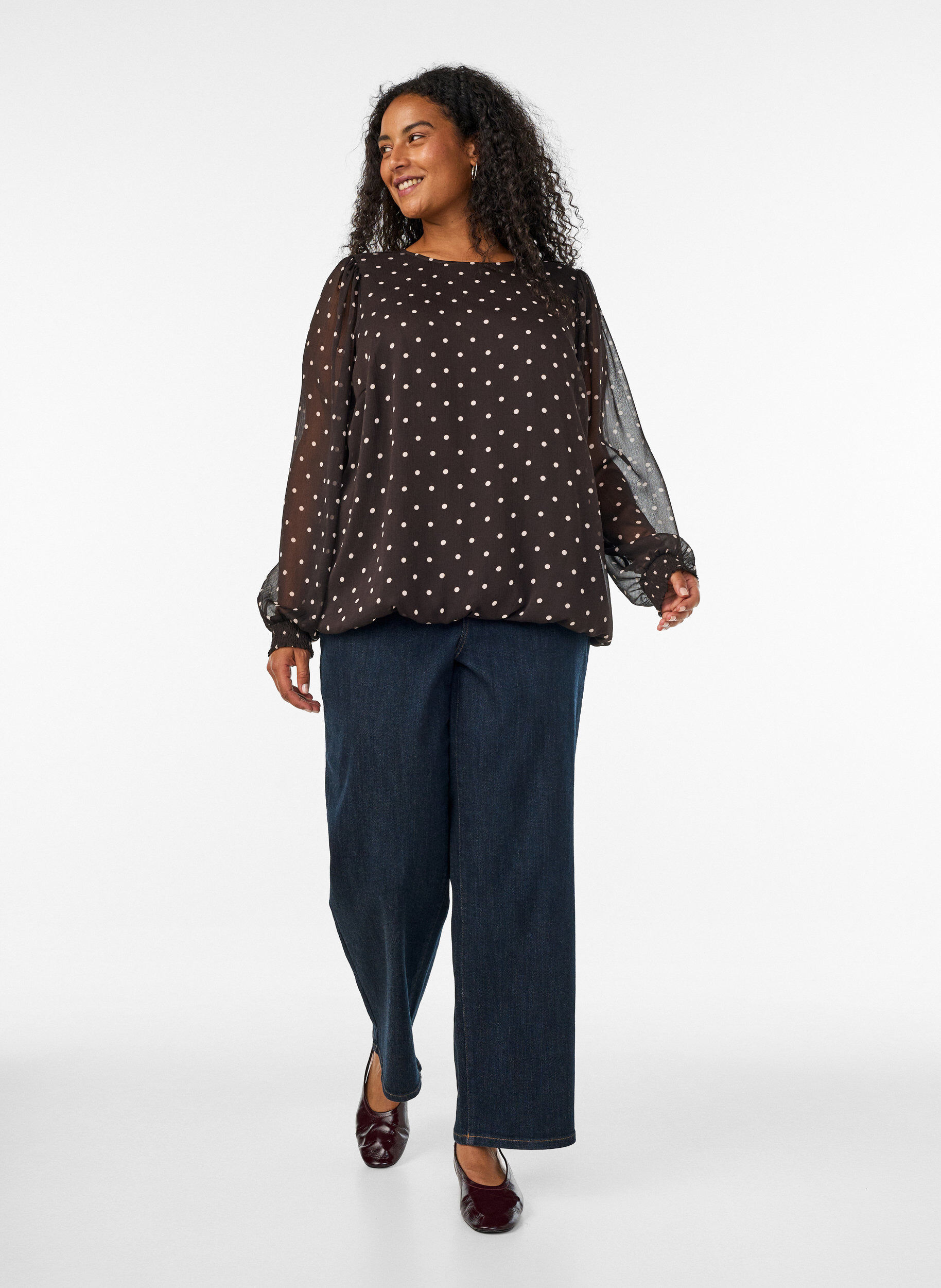 ZizziChiffon blouse met stippen en doorschijnende mouwen, Bruin, Model image number 1